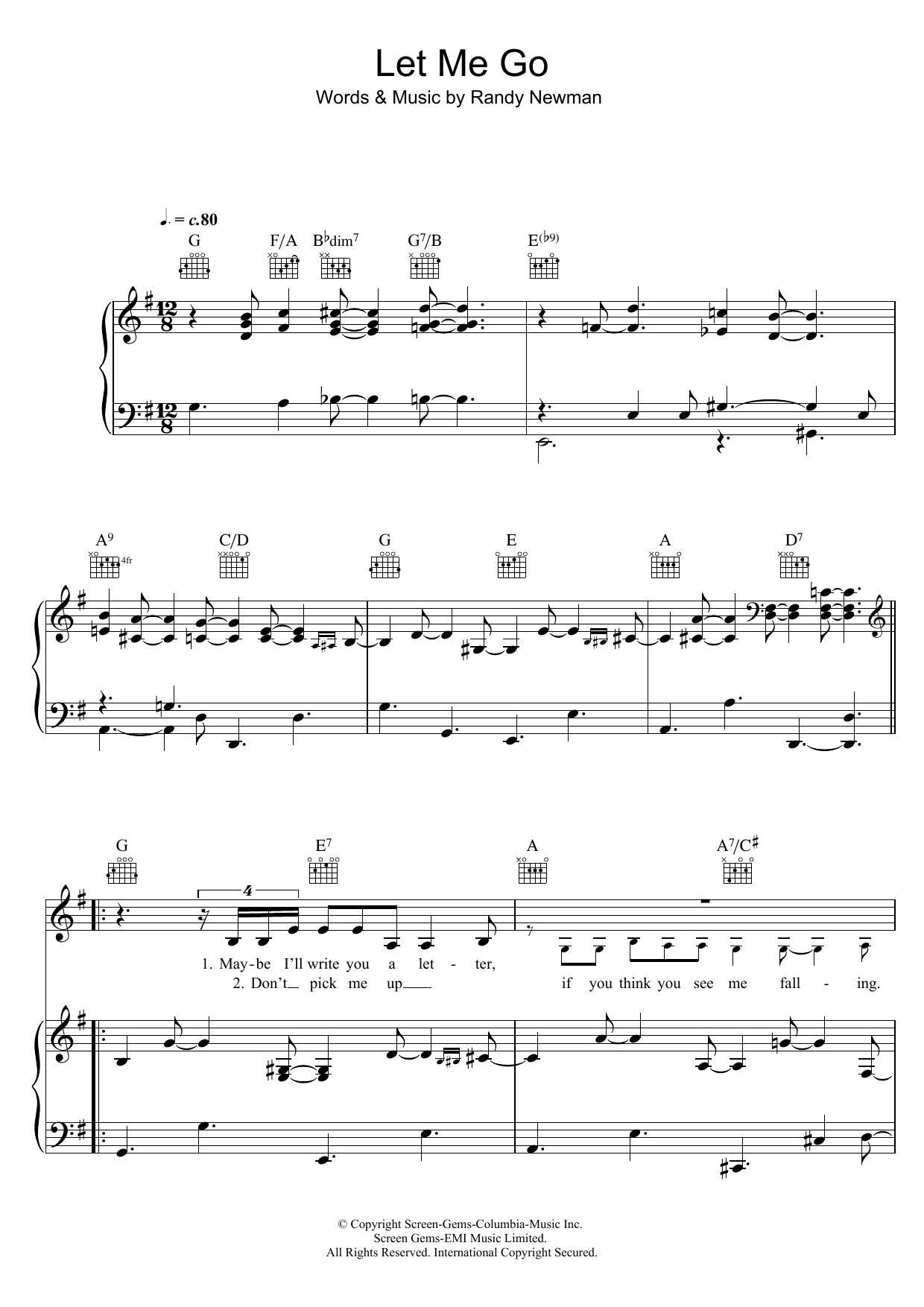 Download Randy Newman Let Me Go Sheet Music and learn how to play Piano, Vocal & Guitar PDF digital score in minutes