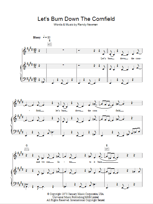 Download Randy Newman Let's Burn Down The Cornfield Sheet Music and learn how to play Piano, Vocal & Guitar (Right-Hand Melody) PDF digital score in minutes