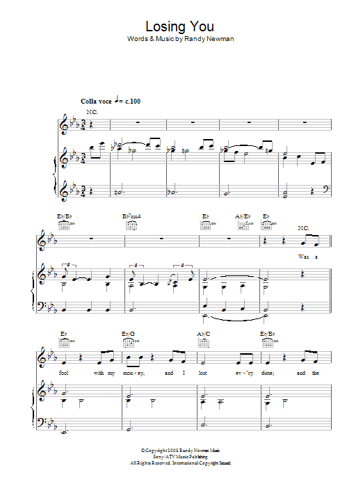 Download Randy Newman Losing You Sheet Music and learn how to play Piano, Vocal & Guitar PDF digital score in minutes