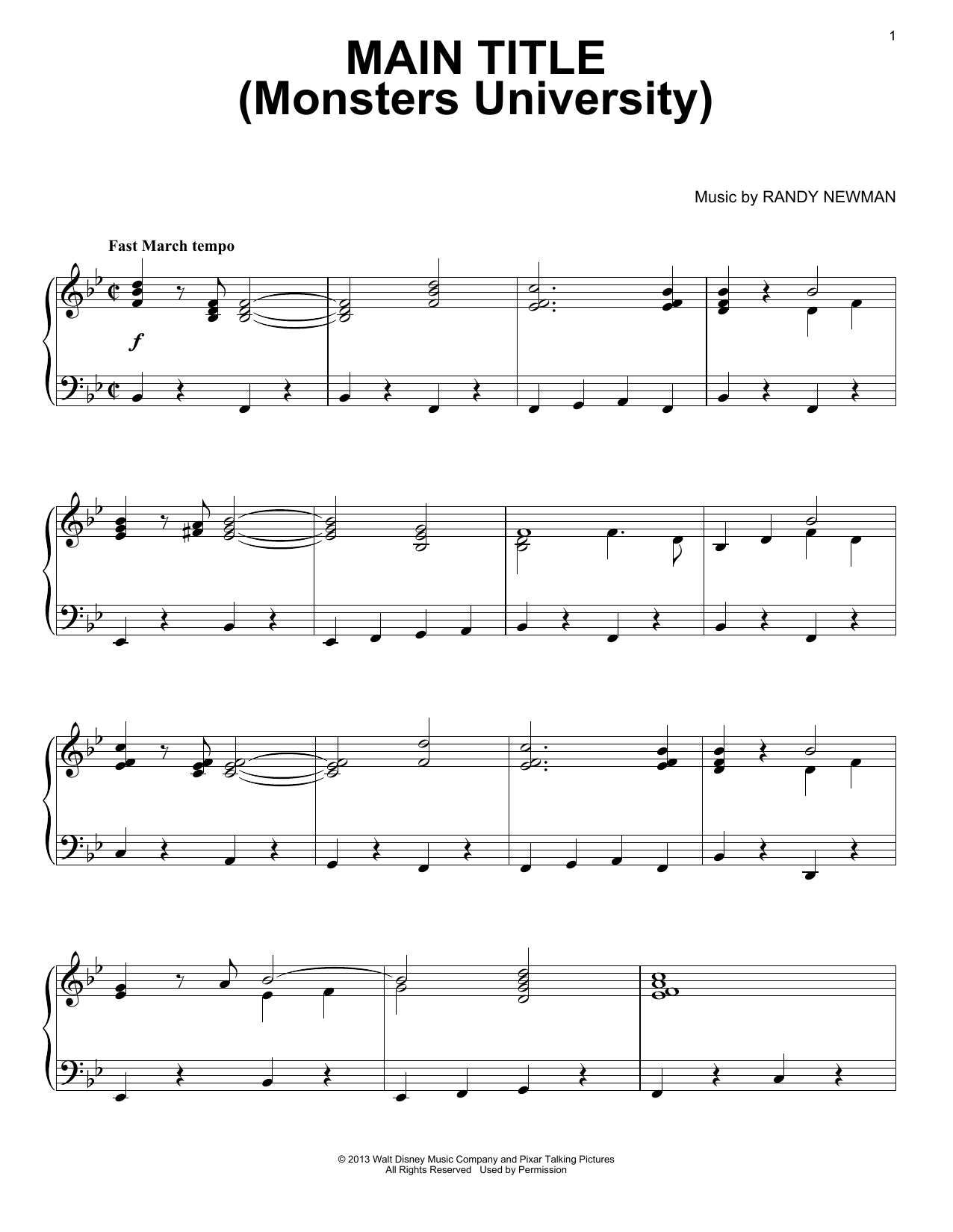 Download Randy Newman Main Title (Monsters University) Sheet Music and learn how to play Piano PDF digital score in minutes
