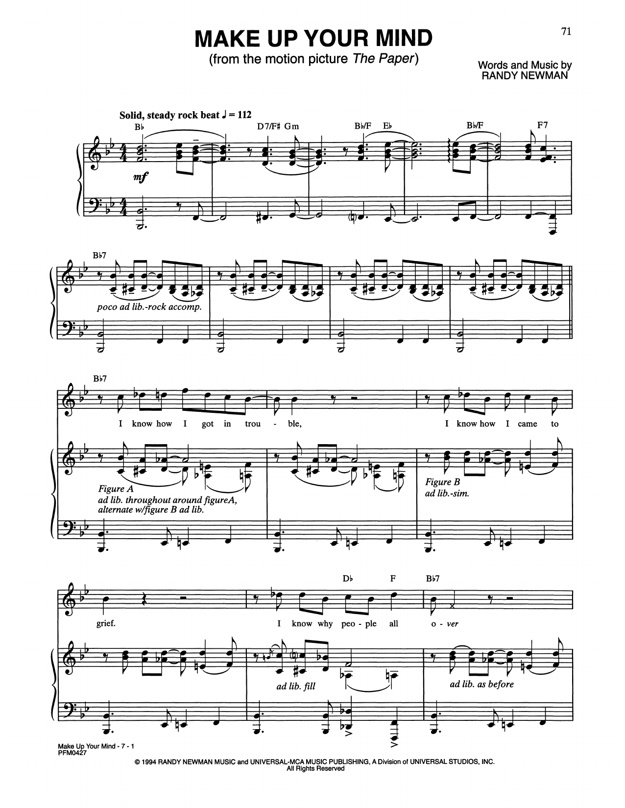 Download Randy Newman Make Up Your Mind (from The Paper) Sheet Music and learn how to play Piano & Vocal PDF digital score in minutes