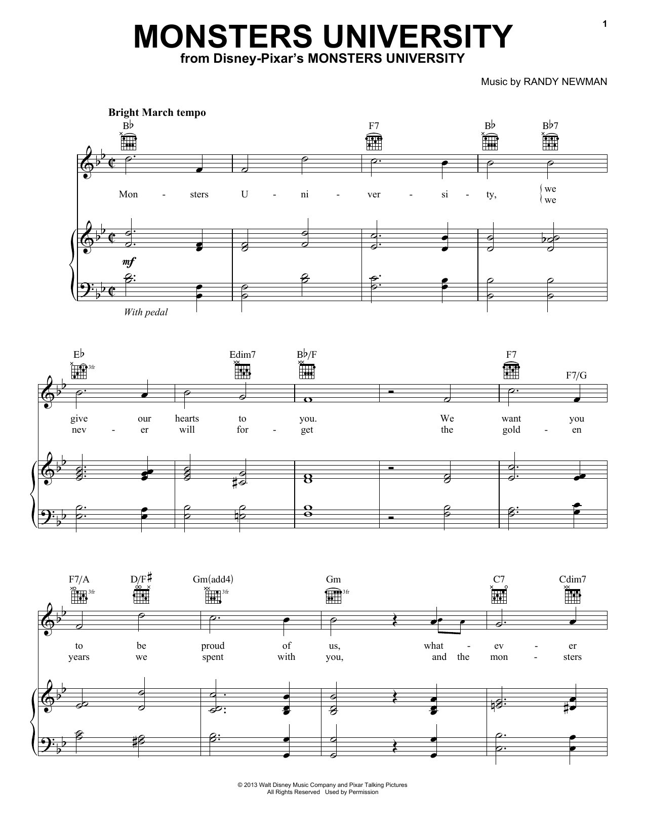 Download Randy Newman Monsters University Sheet Music and learn how to play Piano, Vocal & Guitar (Right-Hand Melody) PDF digital score in minutes