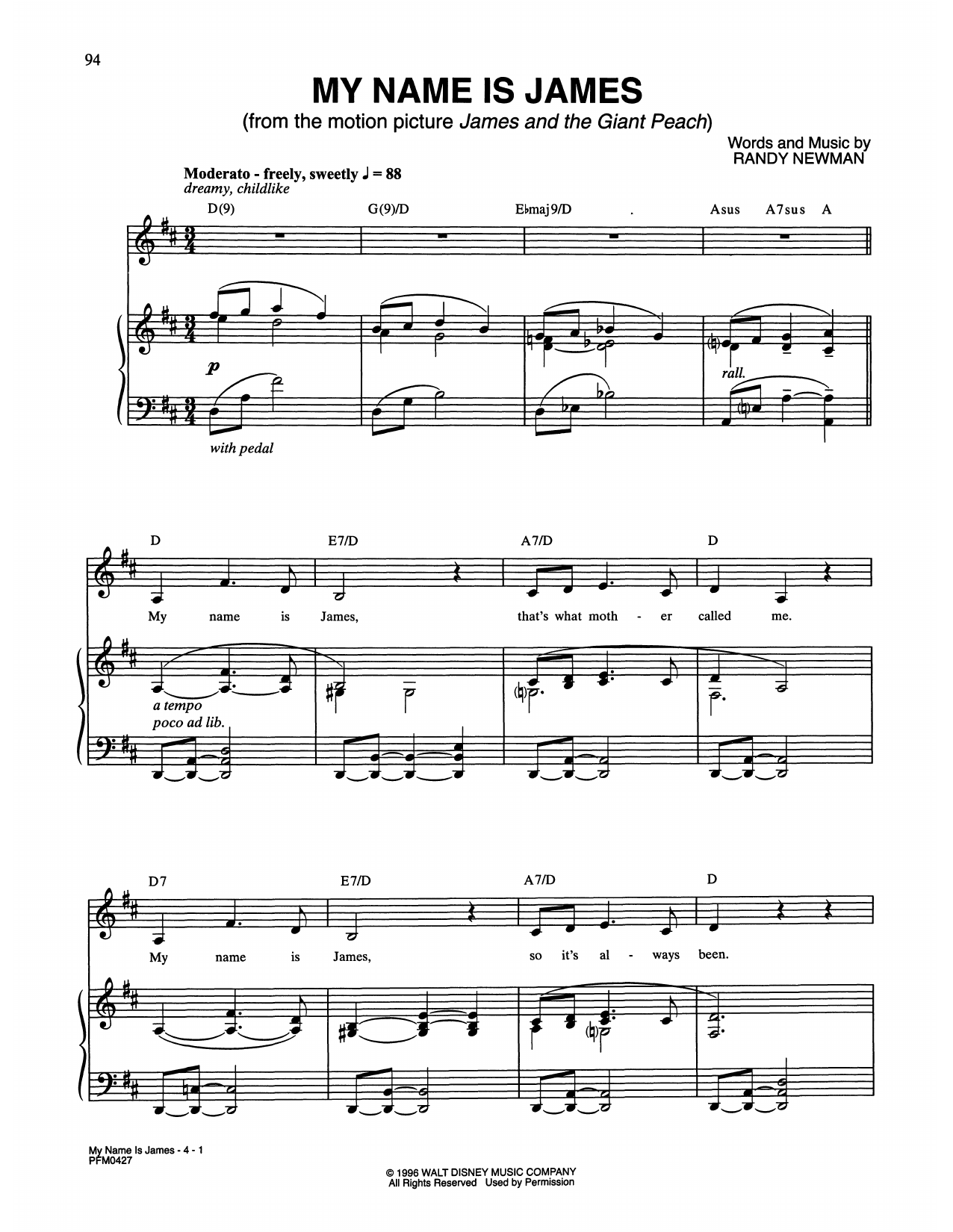 Download Randy Newman My Name Is James (from James and the Giant Peach) Sheet Music and learn how to play Piano & Vocal PDF digital score in minutes