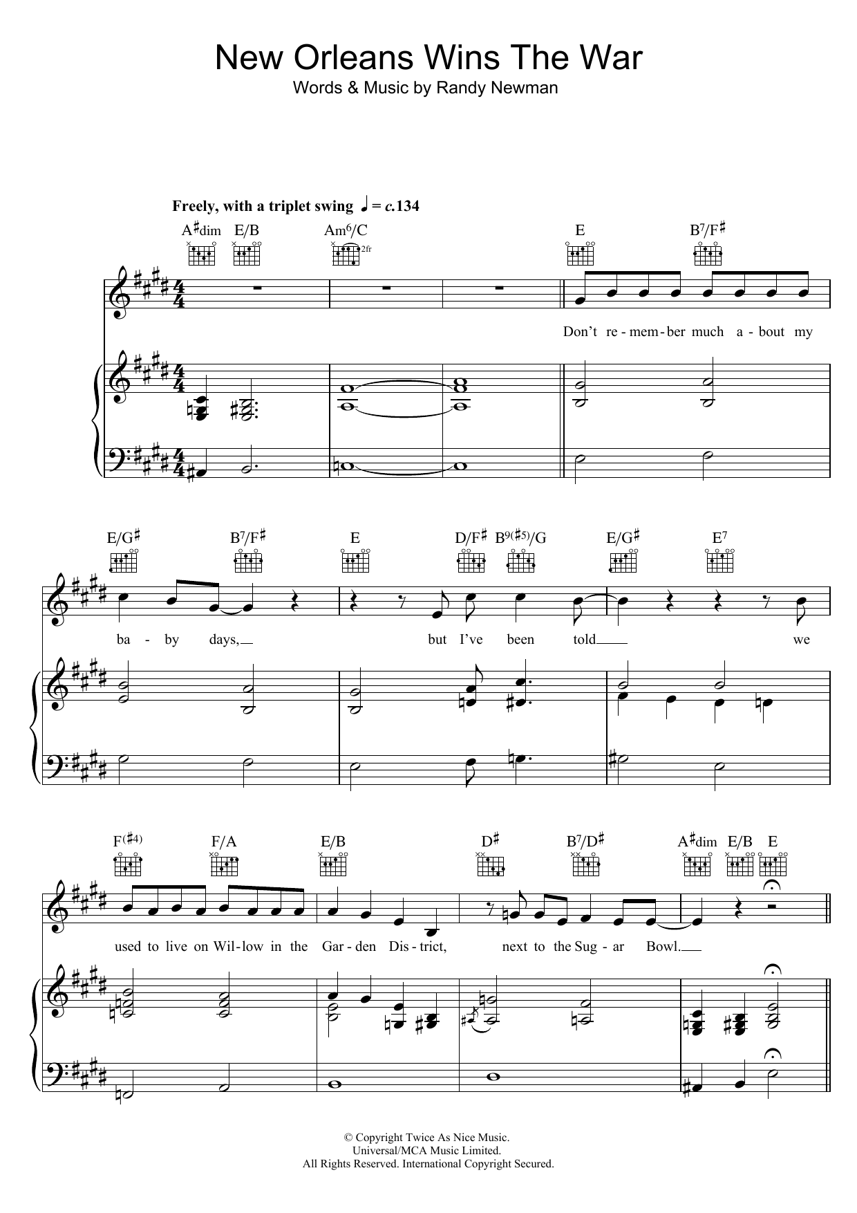Download Randy Newman New Orleans Wins The War Sheet Music and learn how to play Piano, Vocal & Guitar PDF digital score in minutes
