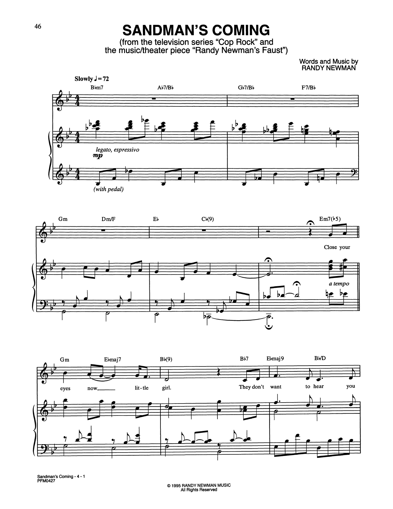 Download Randy Newman Sandman's Coming (from Cop Rock) Sheet Music and learn how to play Piano & Vocal PDF digital score in minutes
