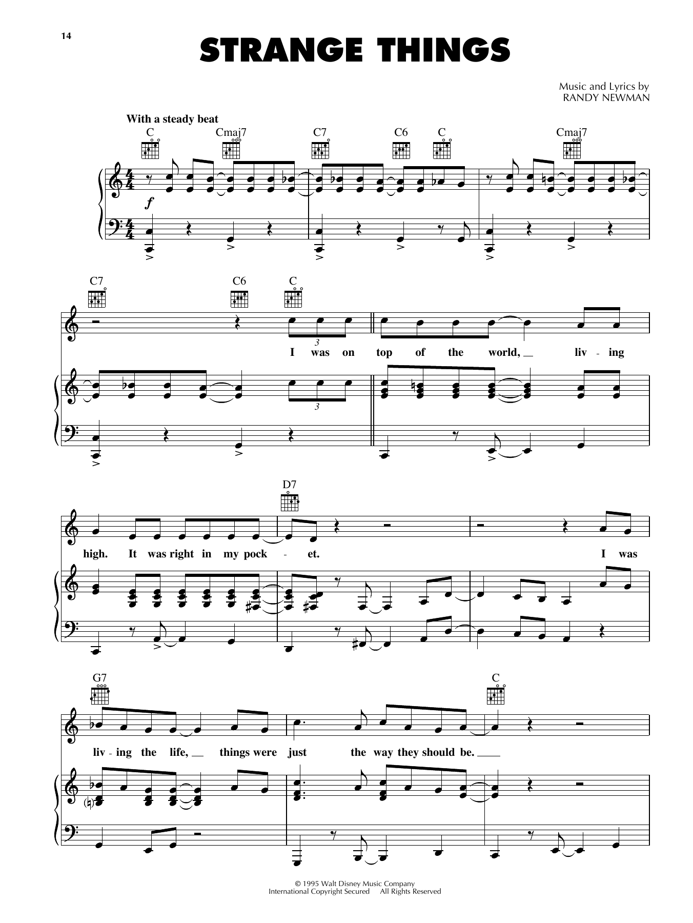 Download Randy Newman Strange Things (from Disney's Toy Story) Sheet Music and learn how to play Piano, Vocal & Guitar Chords (Right-Hand Melody) PDF digital score in minutes
