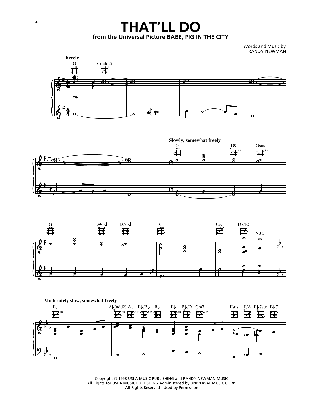 Download Randy Newman That'll Do (from Babe: Pig in the City) Sheet Music and learn how to play Piano, Vocal & Guitar Chords (Right-Hand Melody) PDF digital score in minutes