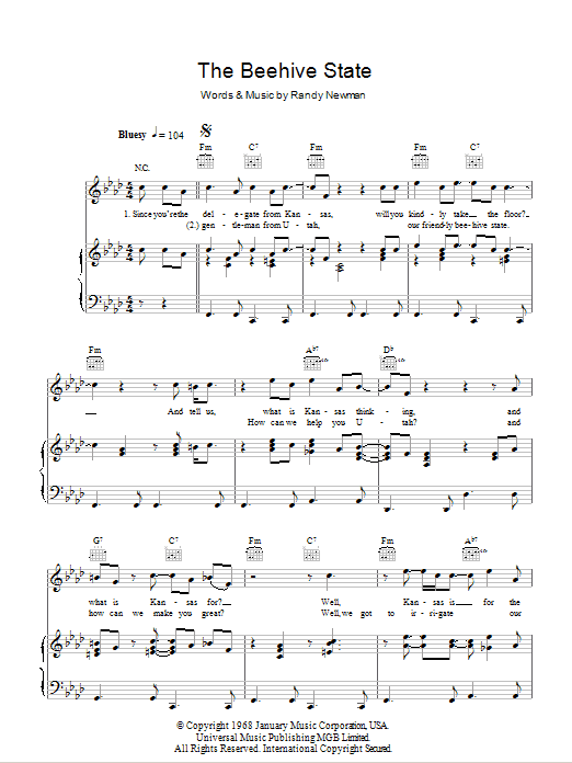 Download Randy Newman The Beehive State Sheet Music and learn how to play Piano, Vocal & Guitar (Right-Hand Melody) PDF digital score in minutes