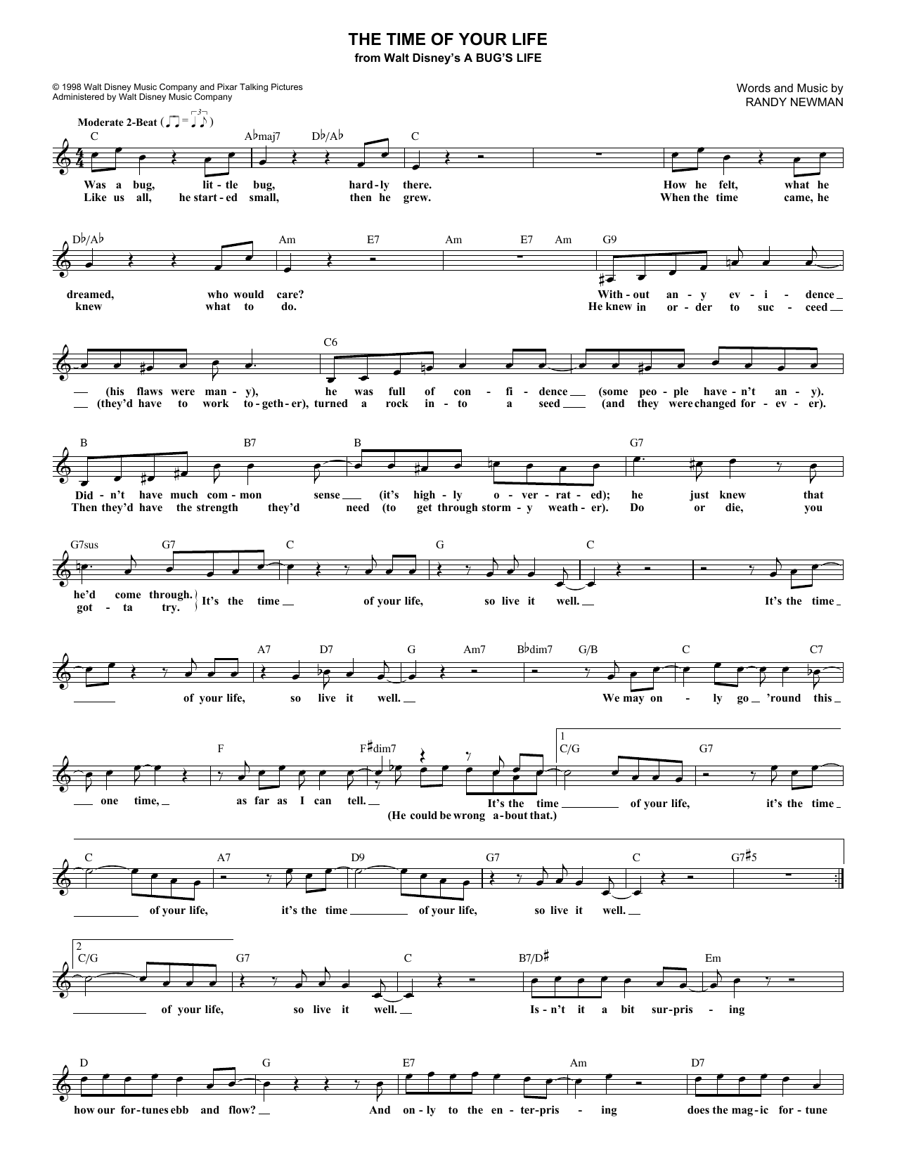 Download Randy Newman The Time Of Your Life (from A Bug's Life) Sheet Music and learn how to play Piano & Vocal PDF digital score in minutes