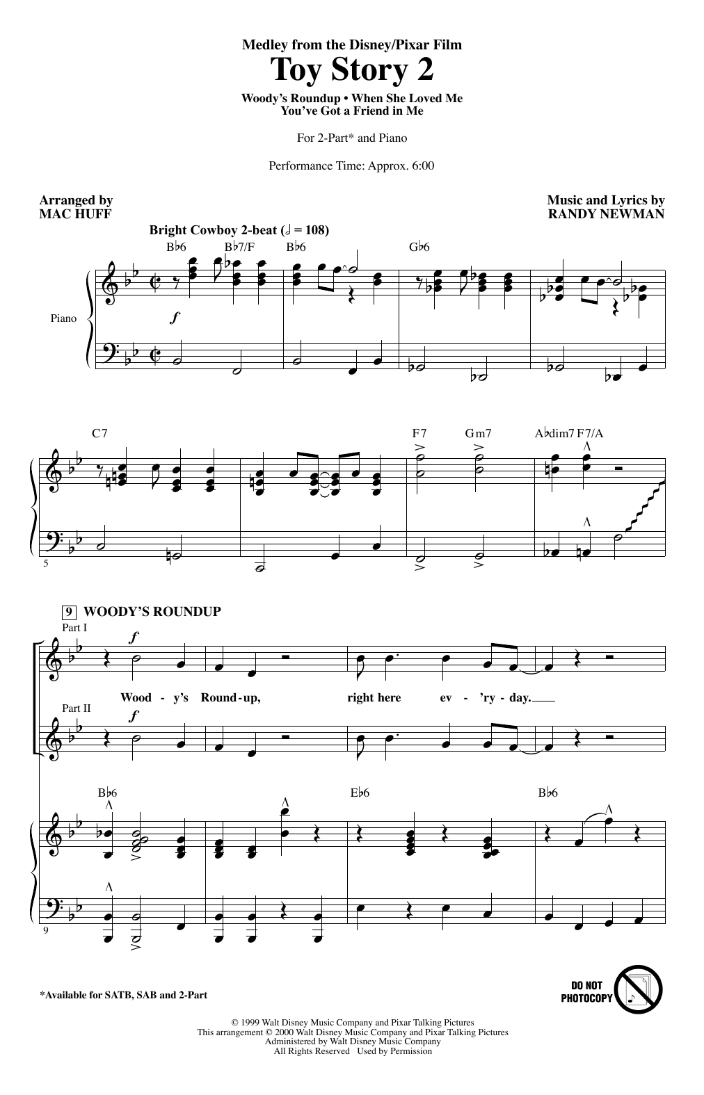 Download Randy Newman Toy Story 2 (Medley) (arr. Mac Huff) Sheet Music and learn how to play SAB Choir PDF digital score in minutes