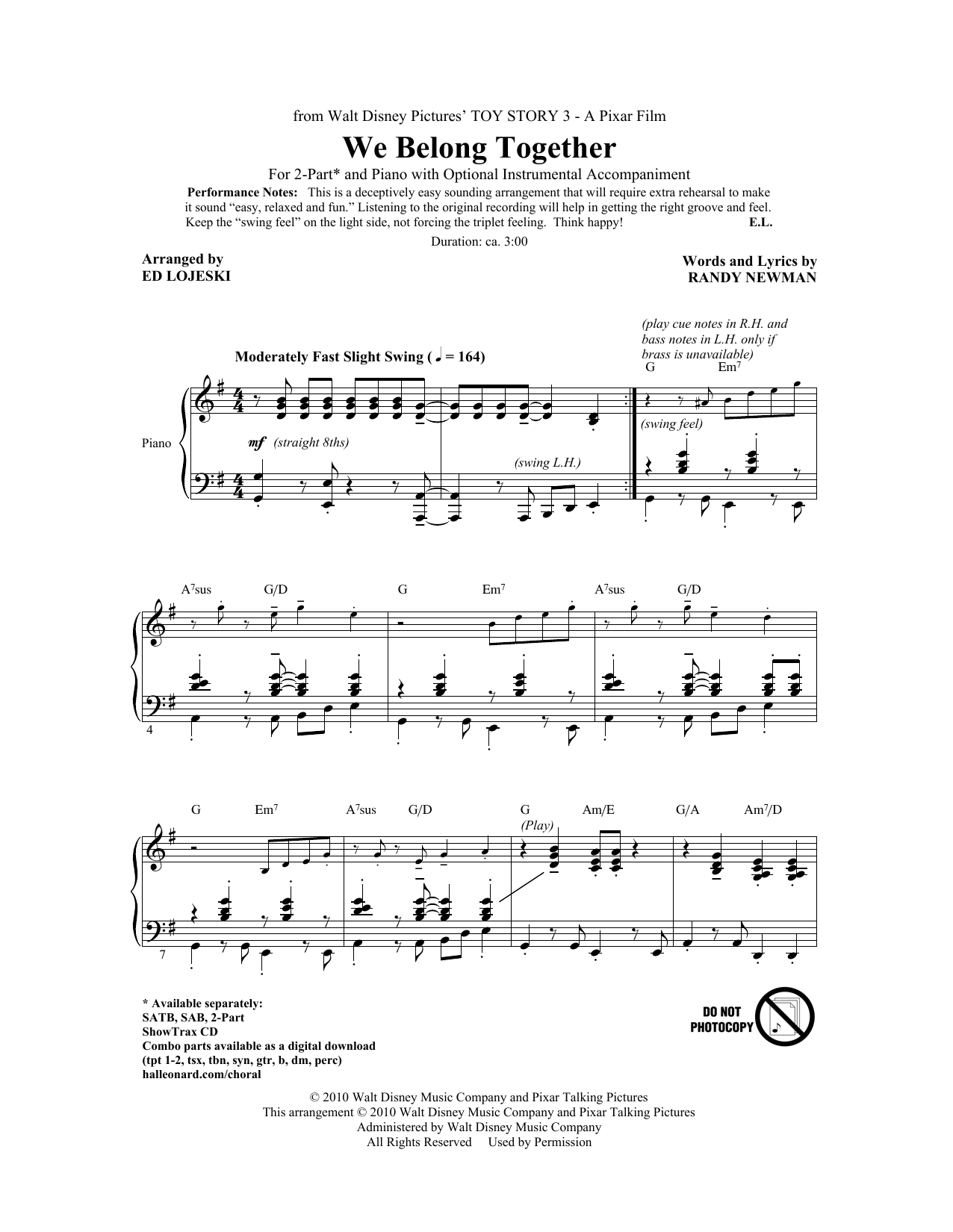 Download Randy Newman We Belong Together (from Toy Story 3) (arr. Ed Lojeski) Sheet Music and learn how to play 2-Part Choir PDF digital score in minutes