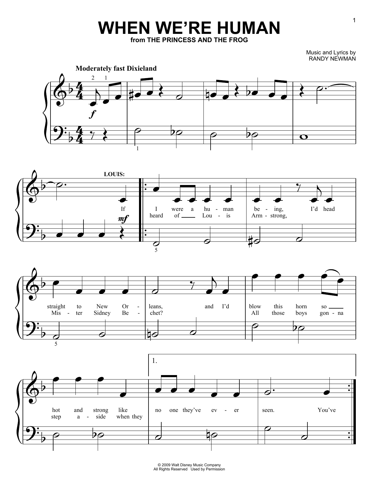Download Randy Newman When We're Human (from The Princess And The Frog) Sheet Music and learn how to play Big Note Piano PDF digital score in minutes
