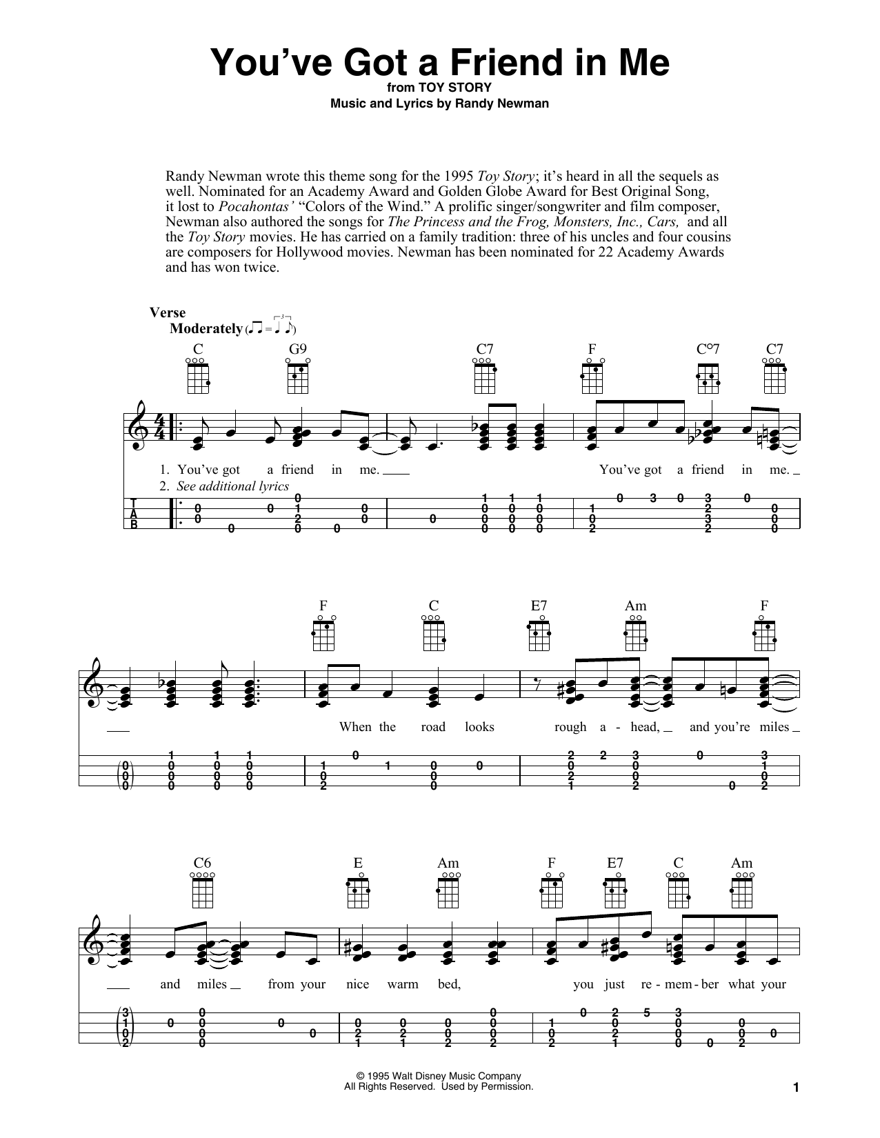 Download Randy Newman You've Got A Friend In Me (from Toy Story) (arr. Fred Sokolow) Sheet Music and learn how to play Easy Ukulele Tab PDF digital score in minutes