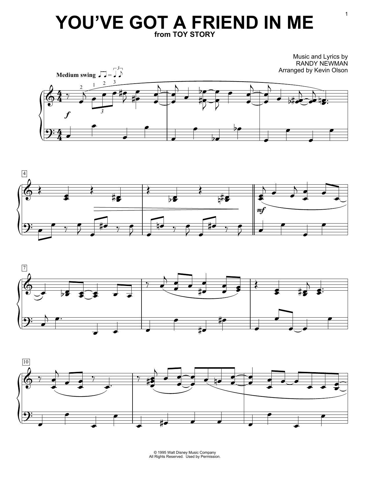 Download Randy Newman You've Got A Friend In Me (from Toy Story) (arr. Kevin Olson) Sheet Music and learn how to play Easy Piano Solo PDF digital score in minutes
