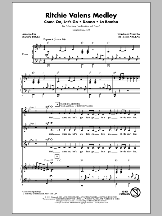 Download Randy Pagel Ritchie Valens Medley Sheet Music and learn how to play 3-Part Mixed Choir PDF digital score in minutes