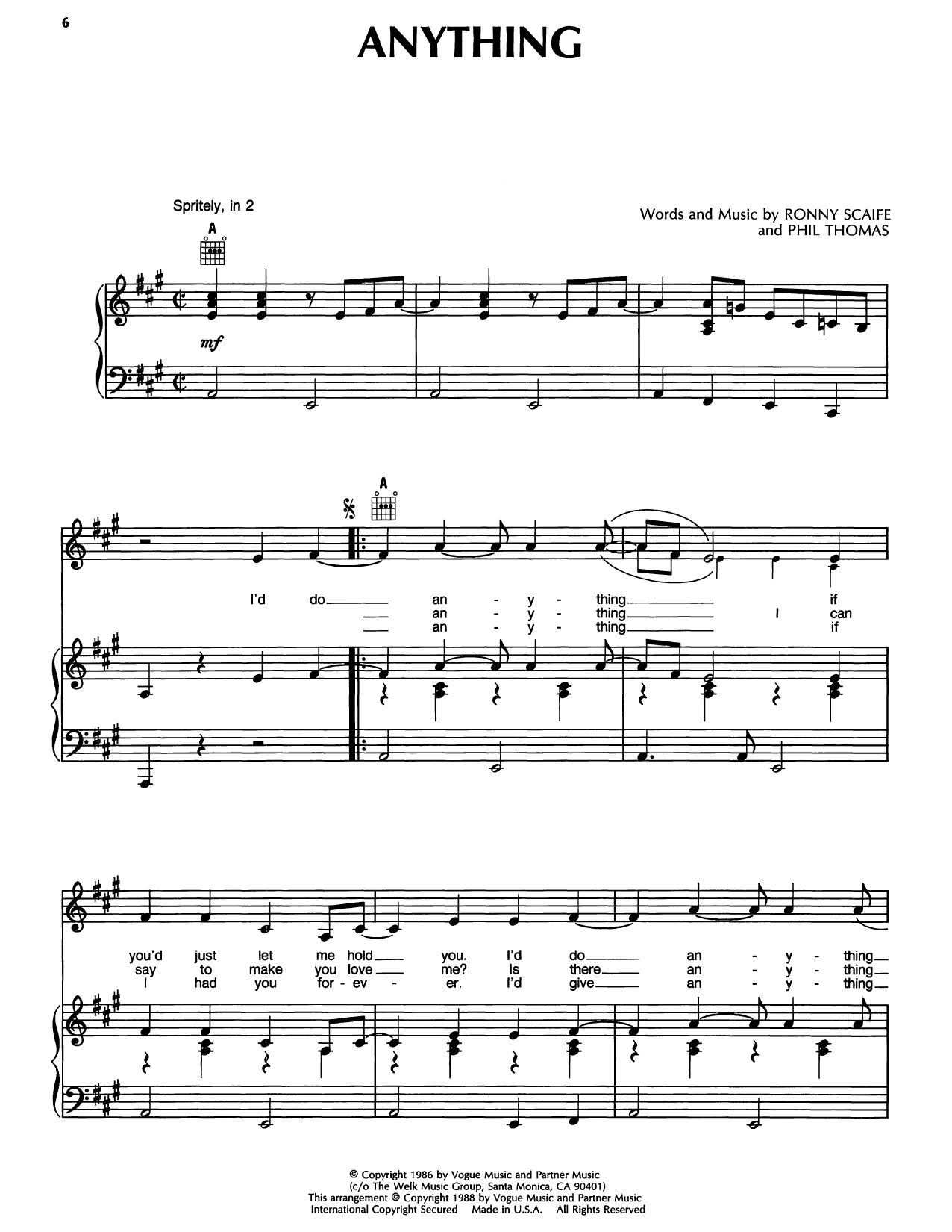 Download Randy Travis Anything Sheet Music and learn how to play Piano, Vocal & Guitar Chords (Right-Hand Melody) PDF digital score in minutes