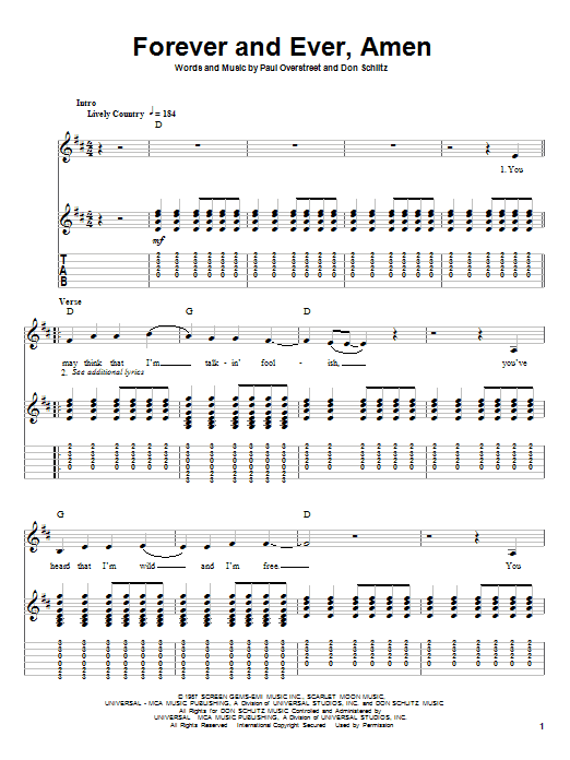 Download Randy Travis Forever And Ever, Amen Sheet Music and learn how to play Melody Line, Lyrics & Chords PDF digital score in minutes
