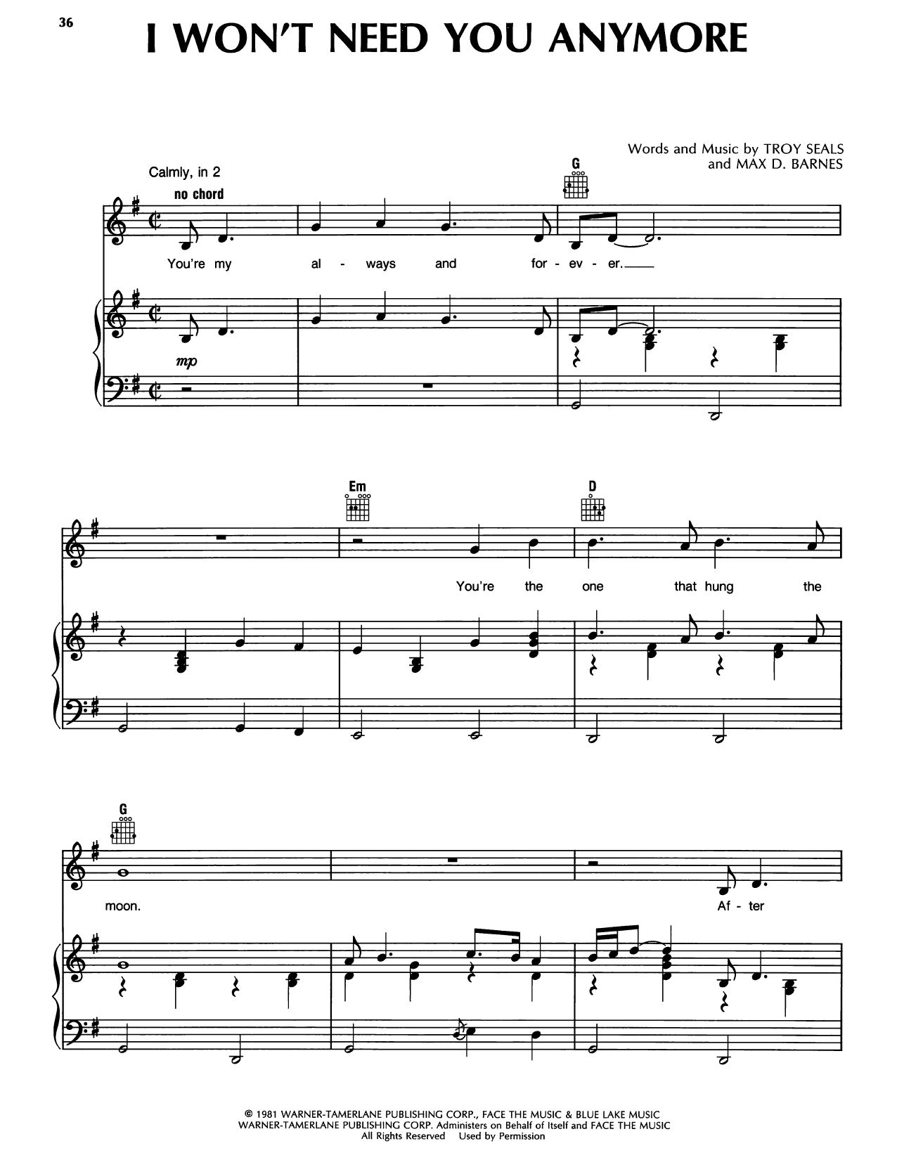 Download Randy Travis I Won't Need You Anymore Sheet Music and learn how to play Piano, Vocal & Guitar Chords (Right-Hand Melody) PDF digital score in minutes