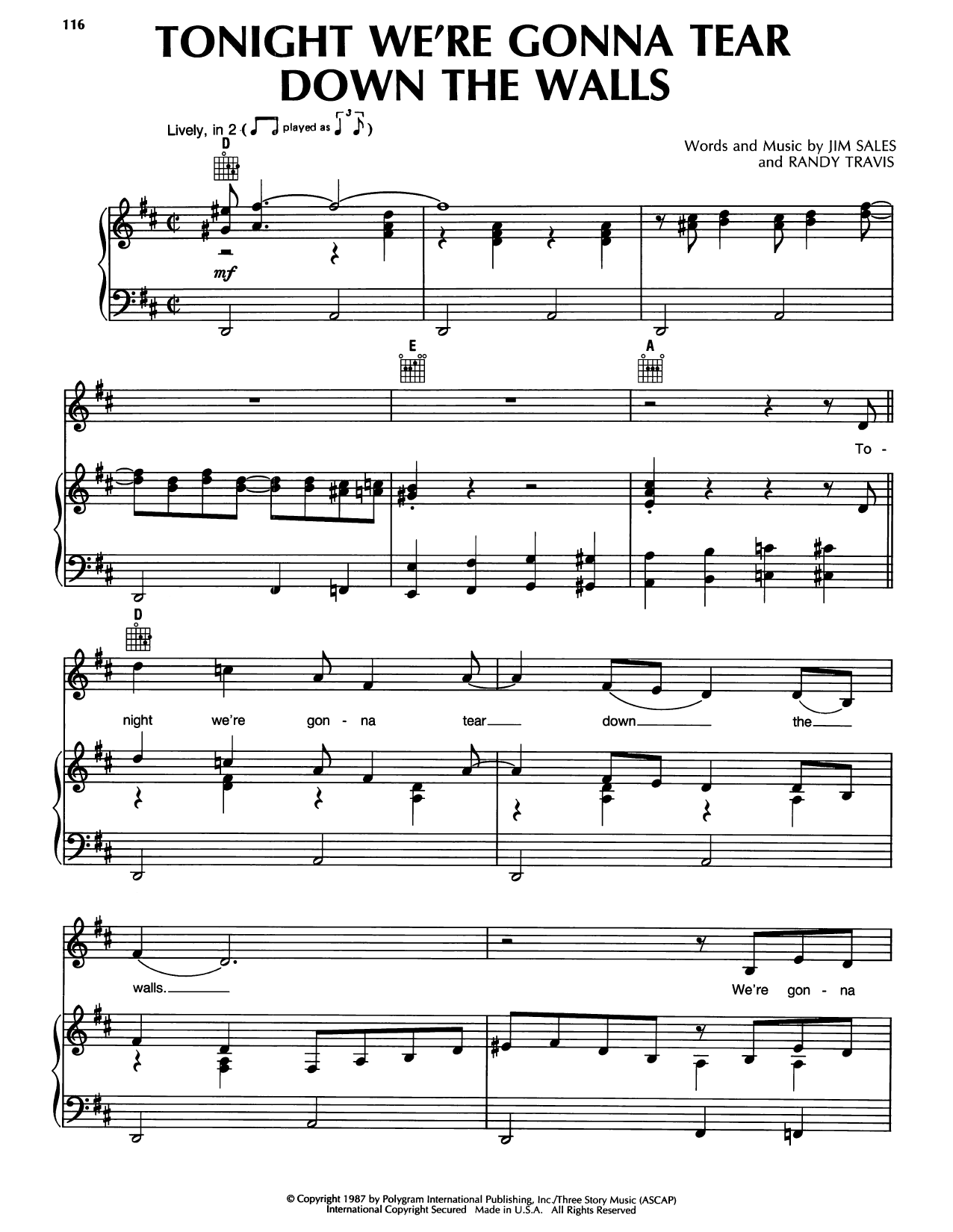 Download Randy Travis Tonight We're Gonna Tear Down The Walls Sheet Music and learn how to play Piano, Vocal & Guitar Chords (Right-Hand Melody) PDF digital score in minutes