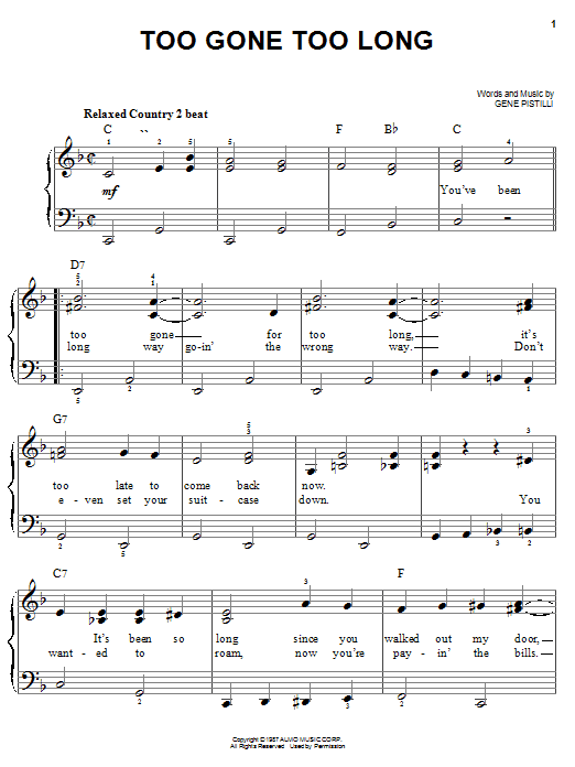 Download Randy Travis Too Gone Too Long Sheet Music and learn how to play Easy Piano PDF digital score in minutes