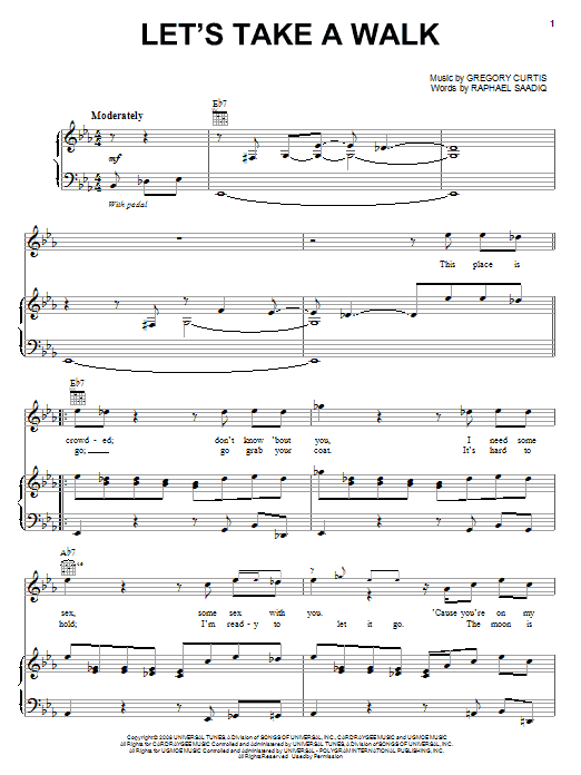 Download Raphael Saadiq Let's Take A Walk Sheet Music and learn how to play Piano, Vocal & Guitar (Right-Hand Melody) PDF digital score in minutes