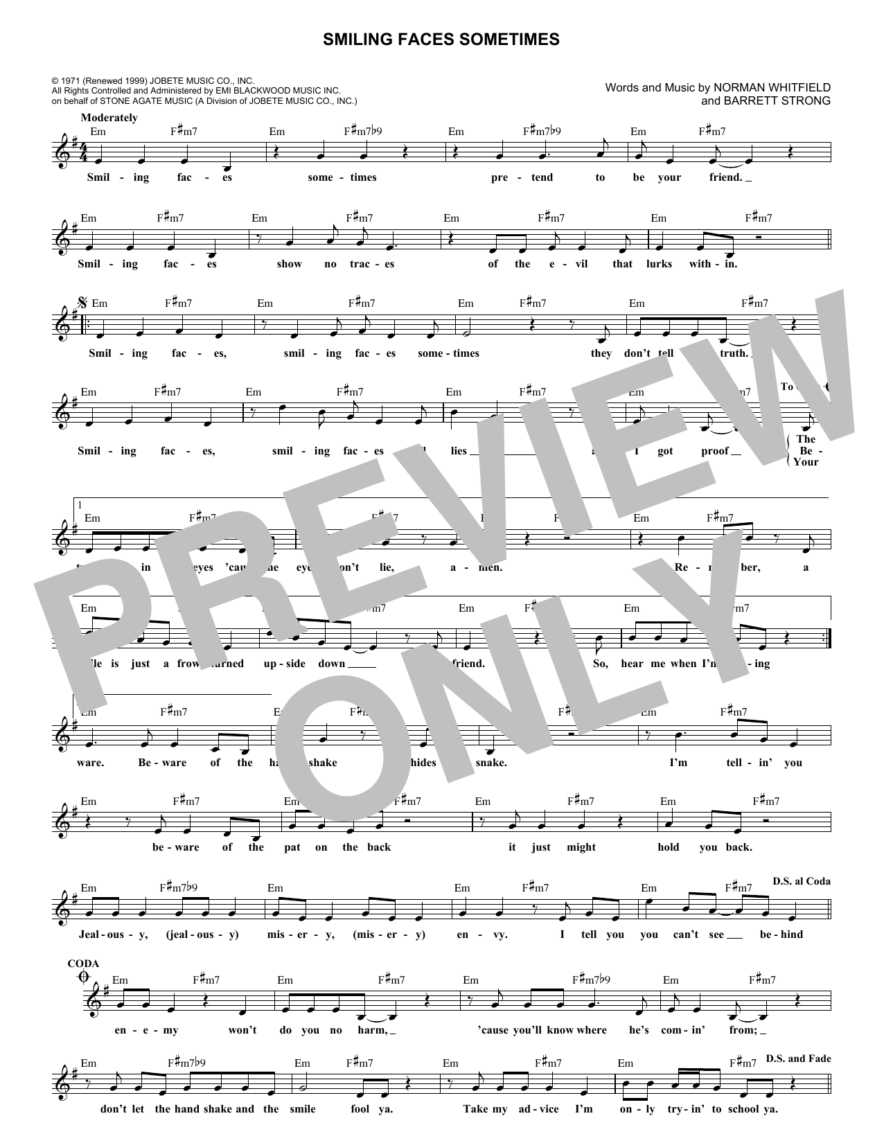 Download Rare Earth Smiling Faces Sometimes Sheet Music and learn how to play Melody Line, Lyrics & Chords PDF digital score in minutes