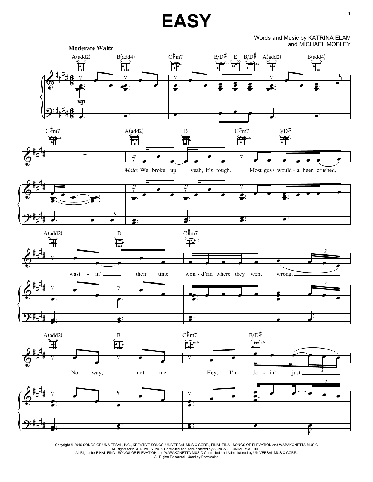 Download Rascal Flatts Easy (feat. Natasha Bedingfield) Sheet Music and learn how to play Piano, Vocal & Guitar (Right-Hand Melody) PDF digital score in minutes