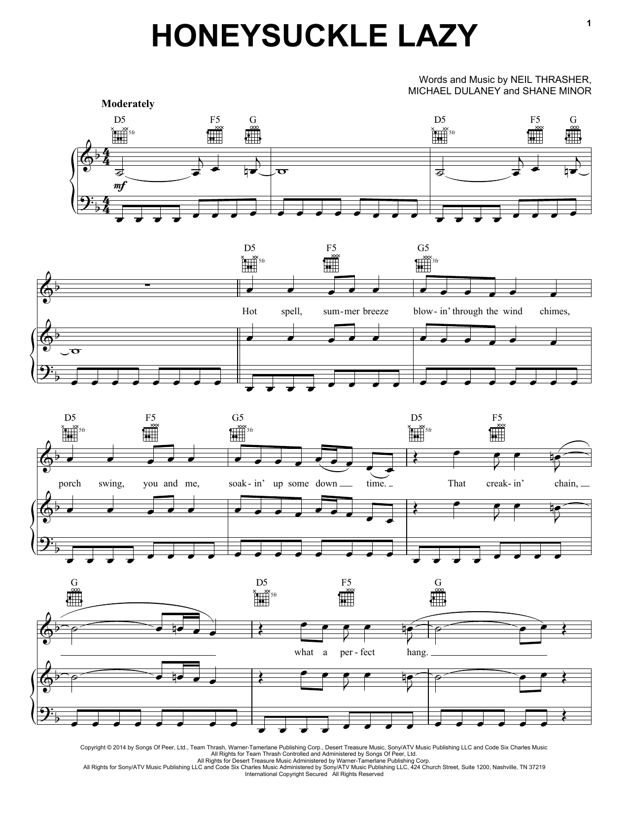 Download Rascal Flatts Honeysuckle Lazy Sheet Music and learn how to play Piano, Vocal & Guitar (Right-Hand Melody) PDF digital score in minutes