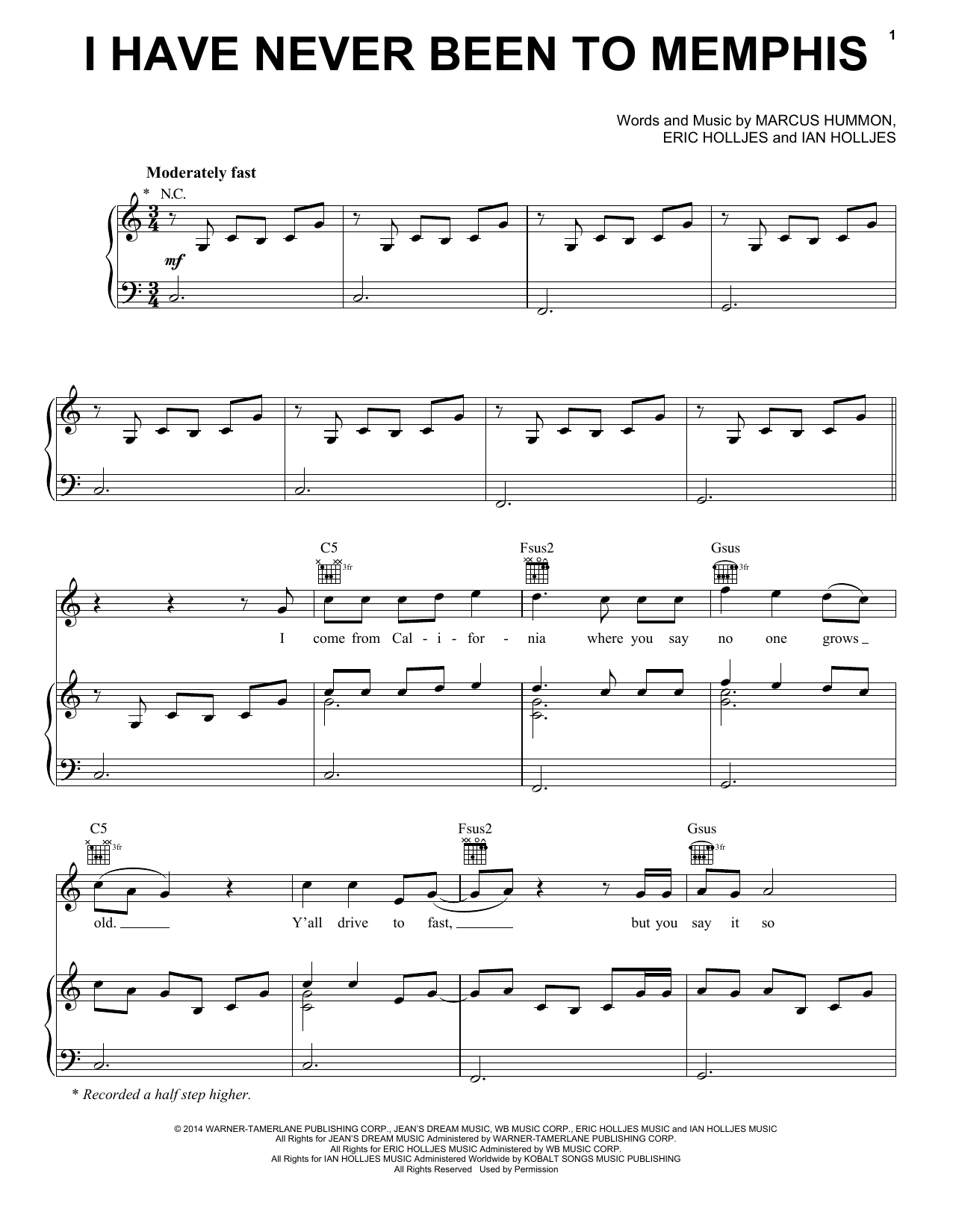Download Rascal Flatts I Have Never Been To Memphis Sheet Music and learn how to play Piano, Vocal & Guitar (Right-Hand Melody) PDF digital score in minutes
