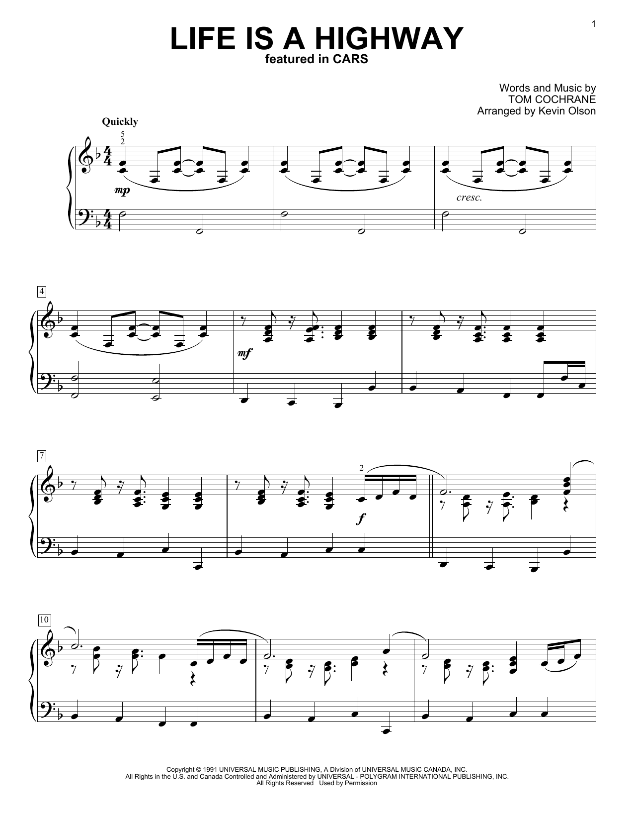 Download Rascal Flatts Life Is A Highway (from Cars) (arr. Kevin Olson) Sheet Music and learn how to play Easy Piano Solo PDF digital score in minutes