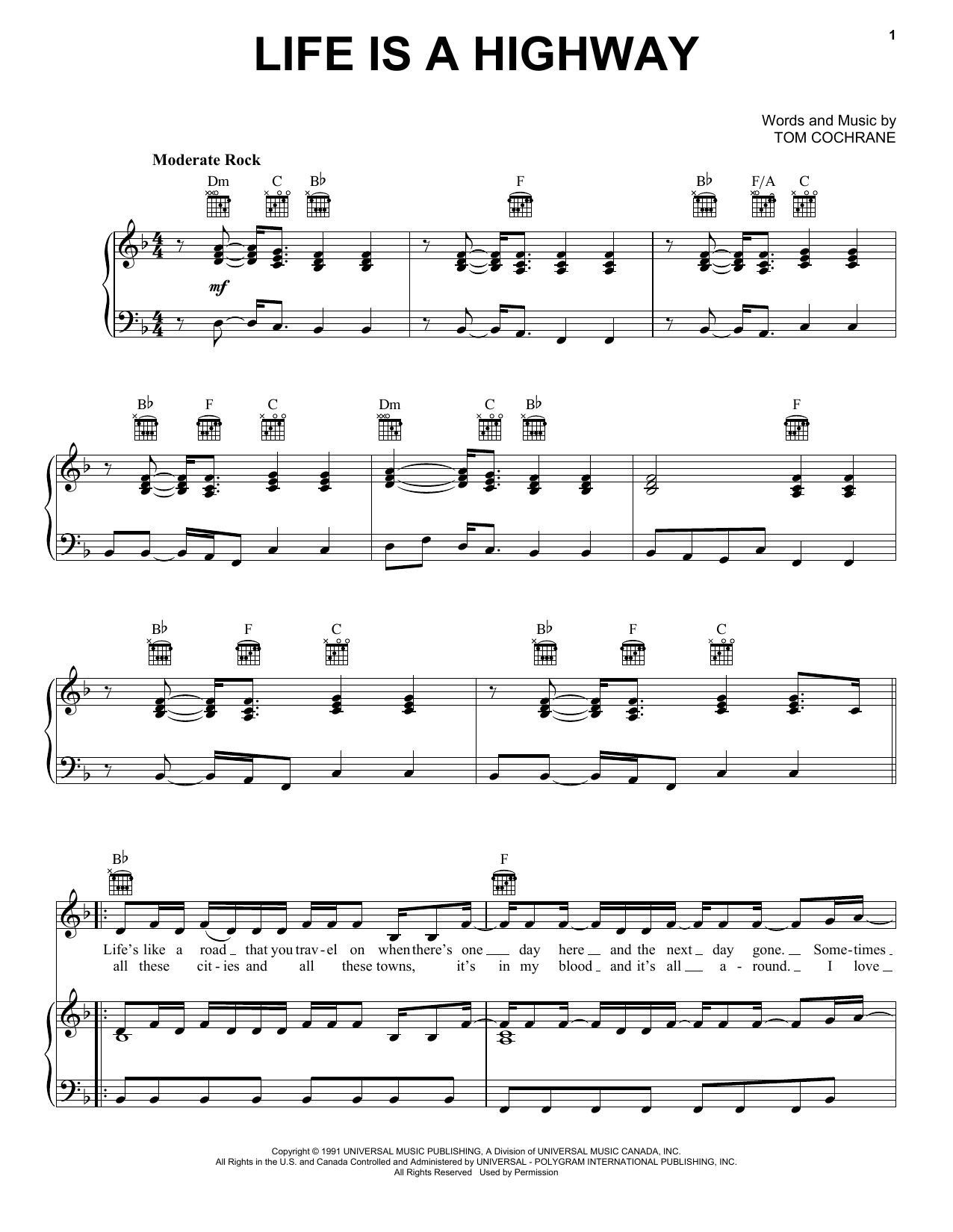 Download Rascal Flatts Life Is A Highway Sheet Music and learn how to play Piano, Vocal & Guitar (Right-Hand Melody) PDF digital score in minutes