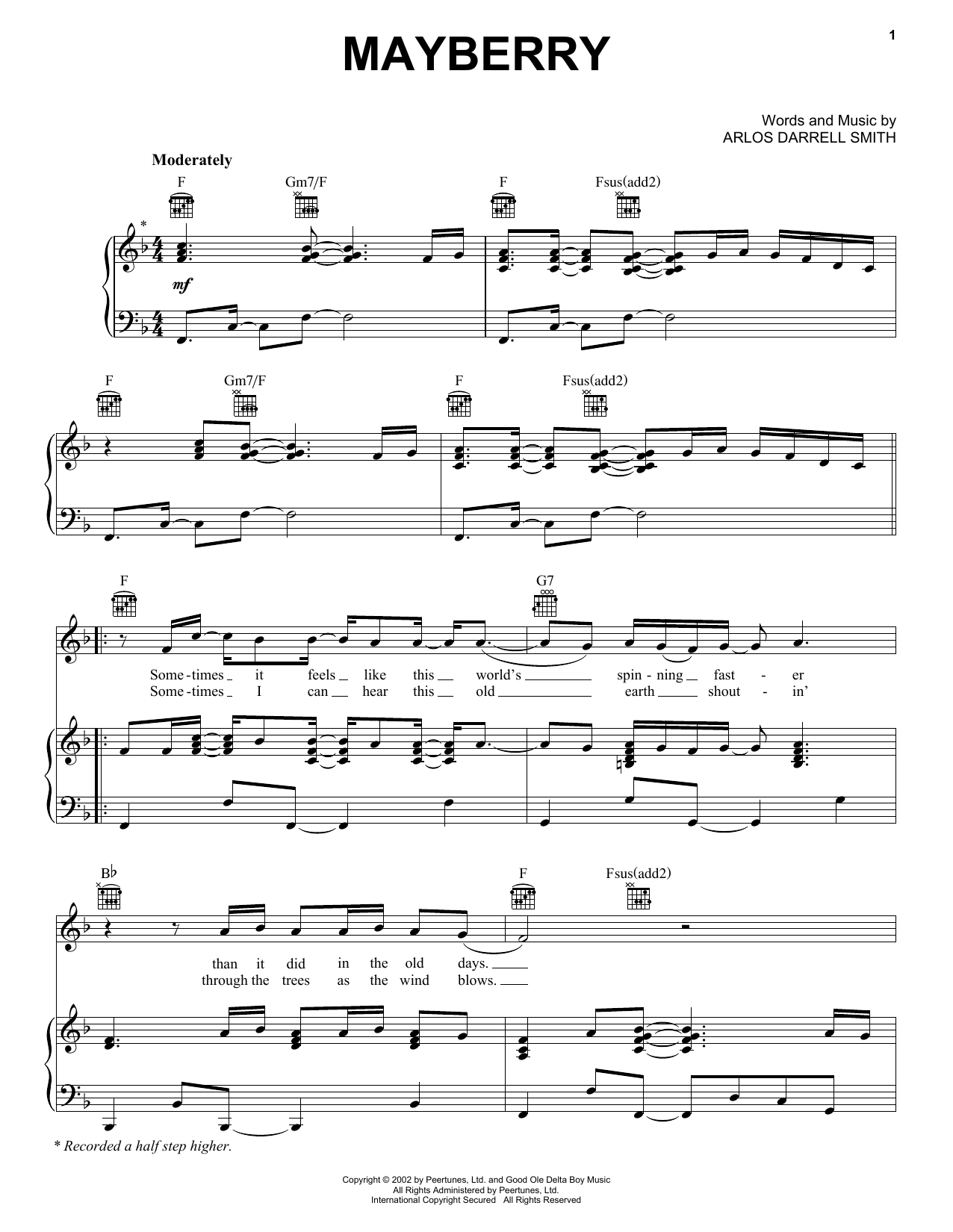 Download Rascal Flatts Mayberry Sheet Music and learn how to play Piano, Vocal & Guitar (Right-Hand Melody) PDF digital score in minutes