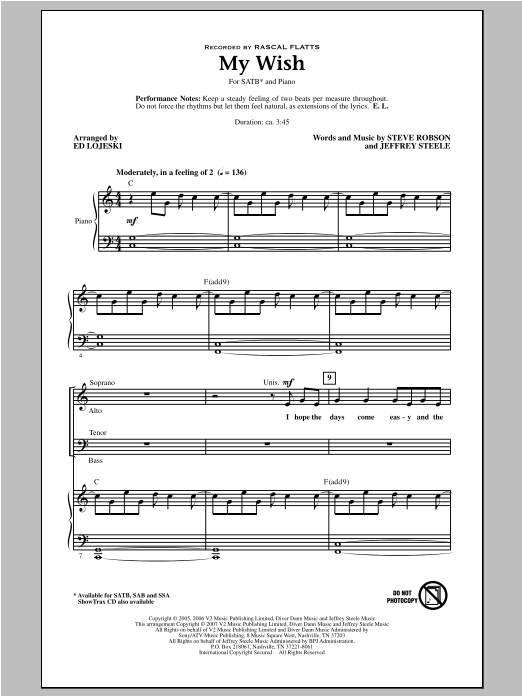 Download Rascal Flatts My Wish (arr. Ed Lojeski) Sheet Music and learn how to play SAB PDF digital score in minutes
