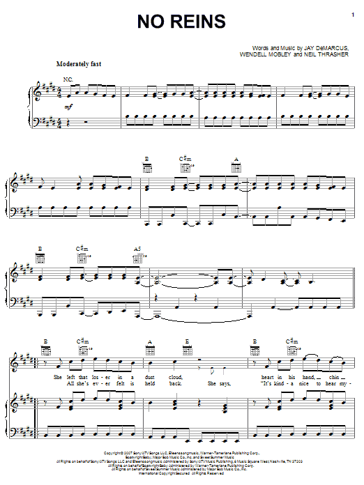 Download Rascal Flatts No Reins Sheet Music and learn how to play Piano, Vocal & Guitar (Right-Hand Melody) PDF digital score in minutes