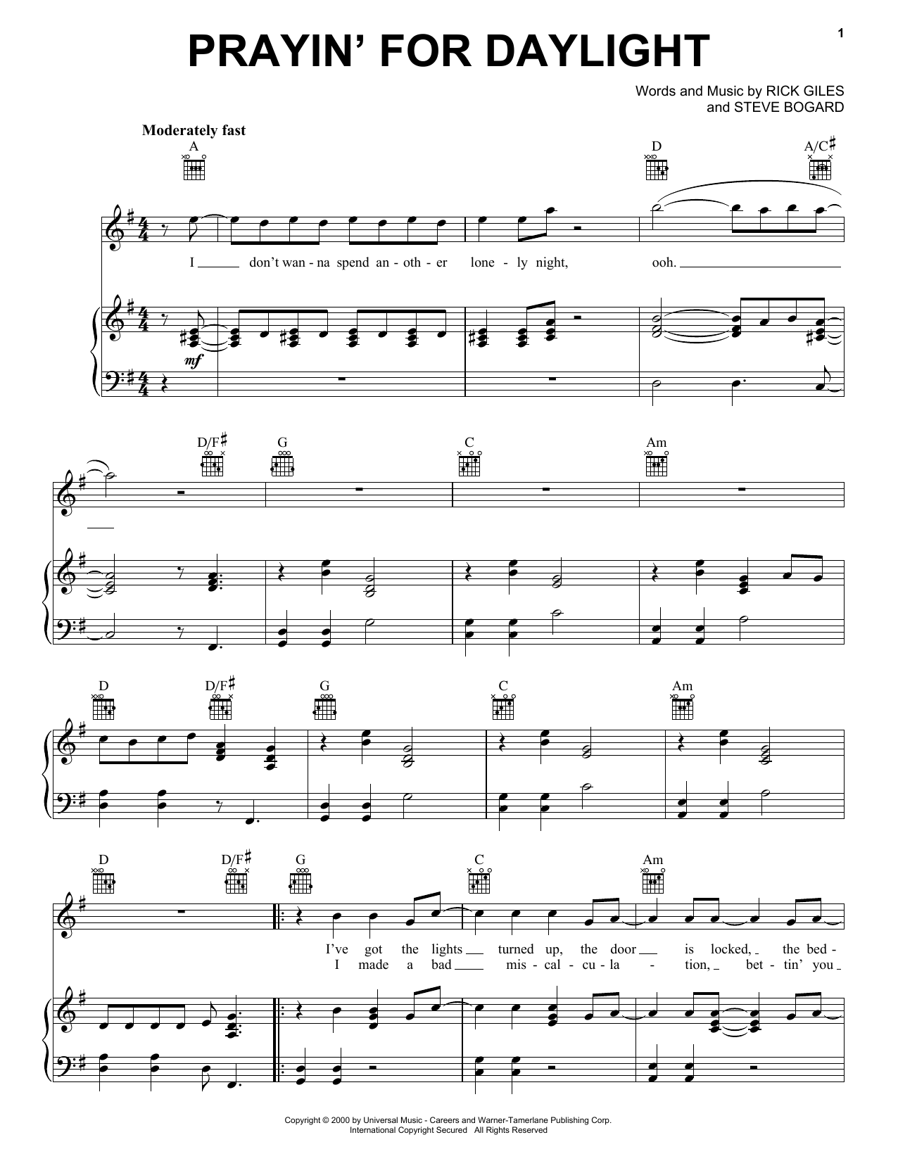 Download Rascal Flatts Prayin' For Daylight Sheet Music and learn how to play Piano, Vocal & Guitar (Right-Hand Melody) PDF digital score in minutes