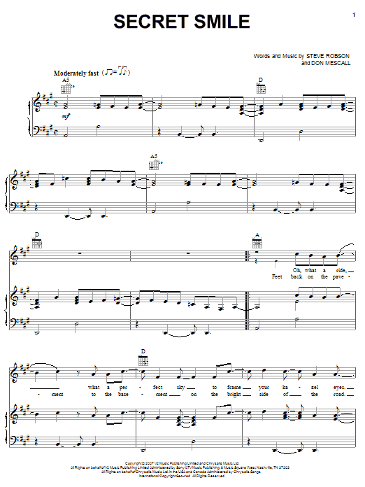 Download Rascal Flatts Secret Smile Sheet Music and learn how to play Piano, Vocal & Guitar (Right-Hand Melody) PDF digital score in minutes
