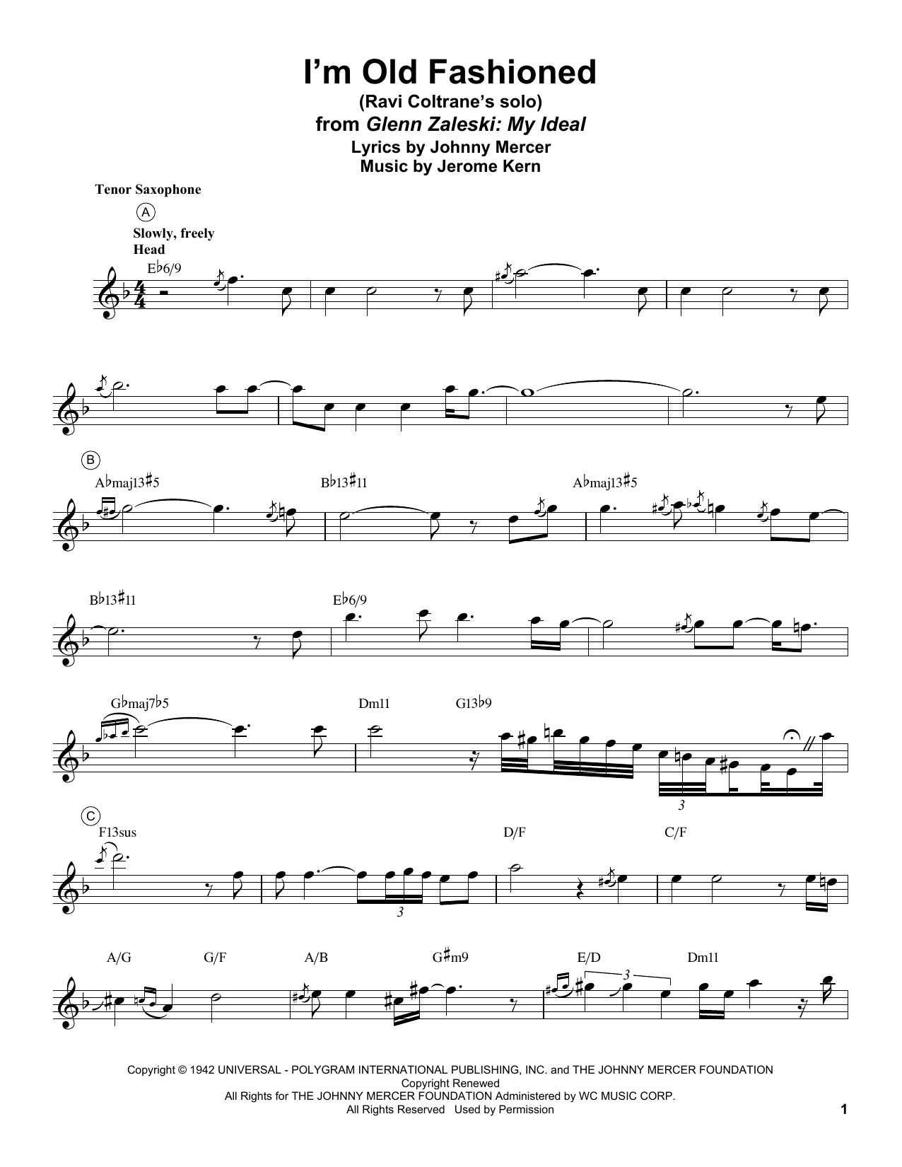 Download Ravi Coltrane I'm Old Fashioned Sheet Music and learn how to play Tenor Sax Transcription PDF digital score in minutes