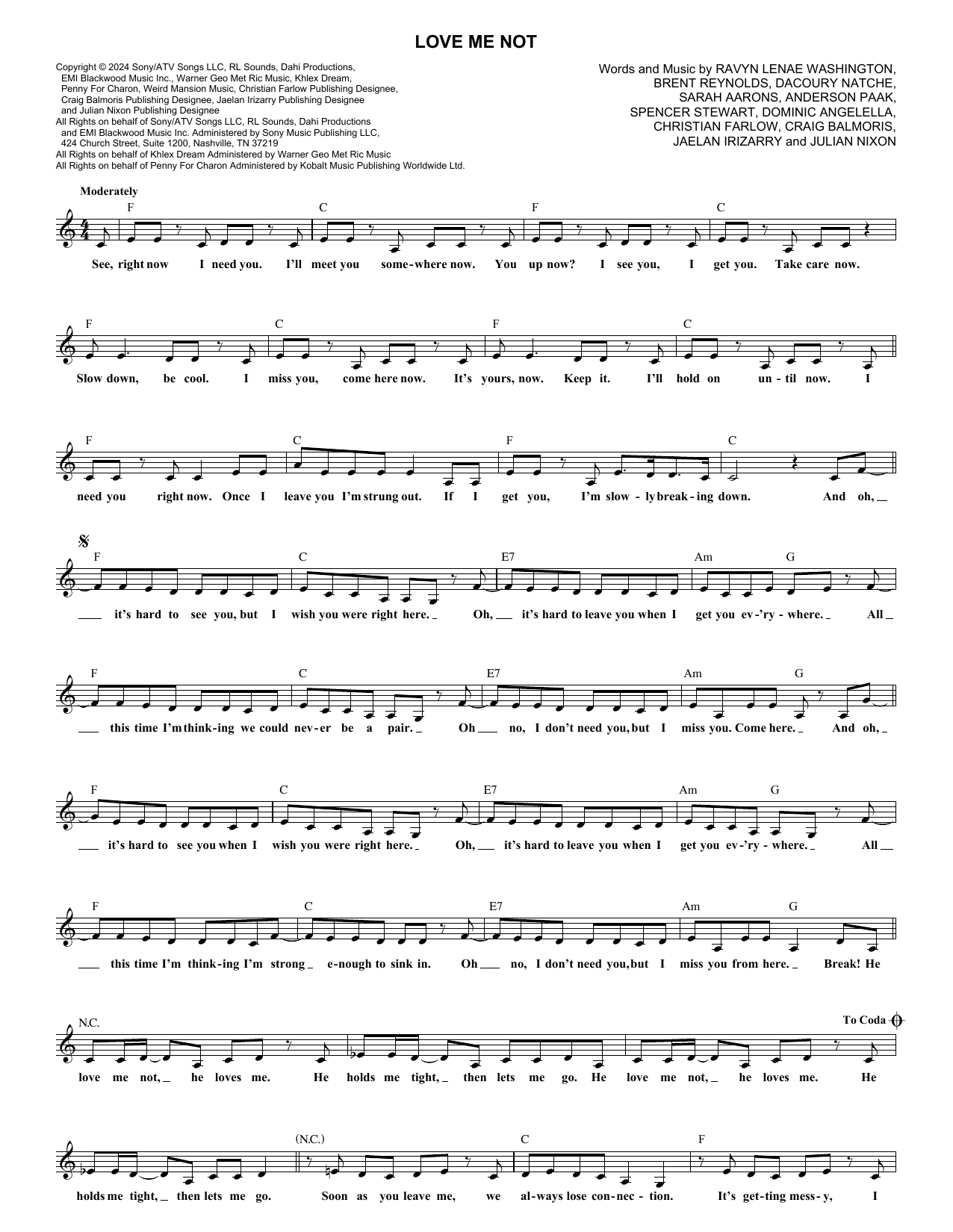 Download Ravyn Lenae Love Me Not Sheet Music and learn how to play Lead Sheet / Fake Book PDF digital score in minutes