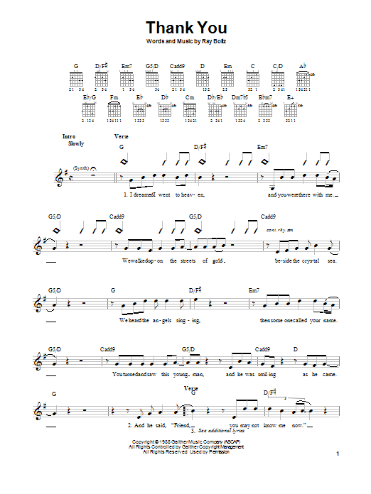 Download Ray Boltz Thank You Sheet Music and learn how to play Easy Guitar PDF digital score in minutes