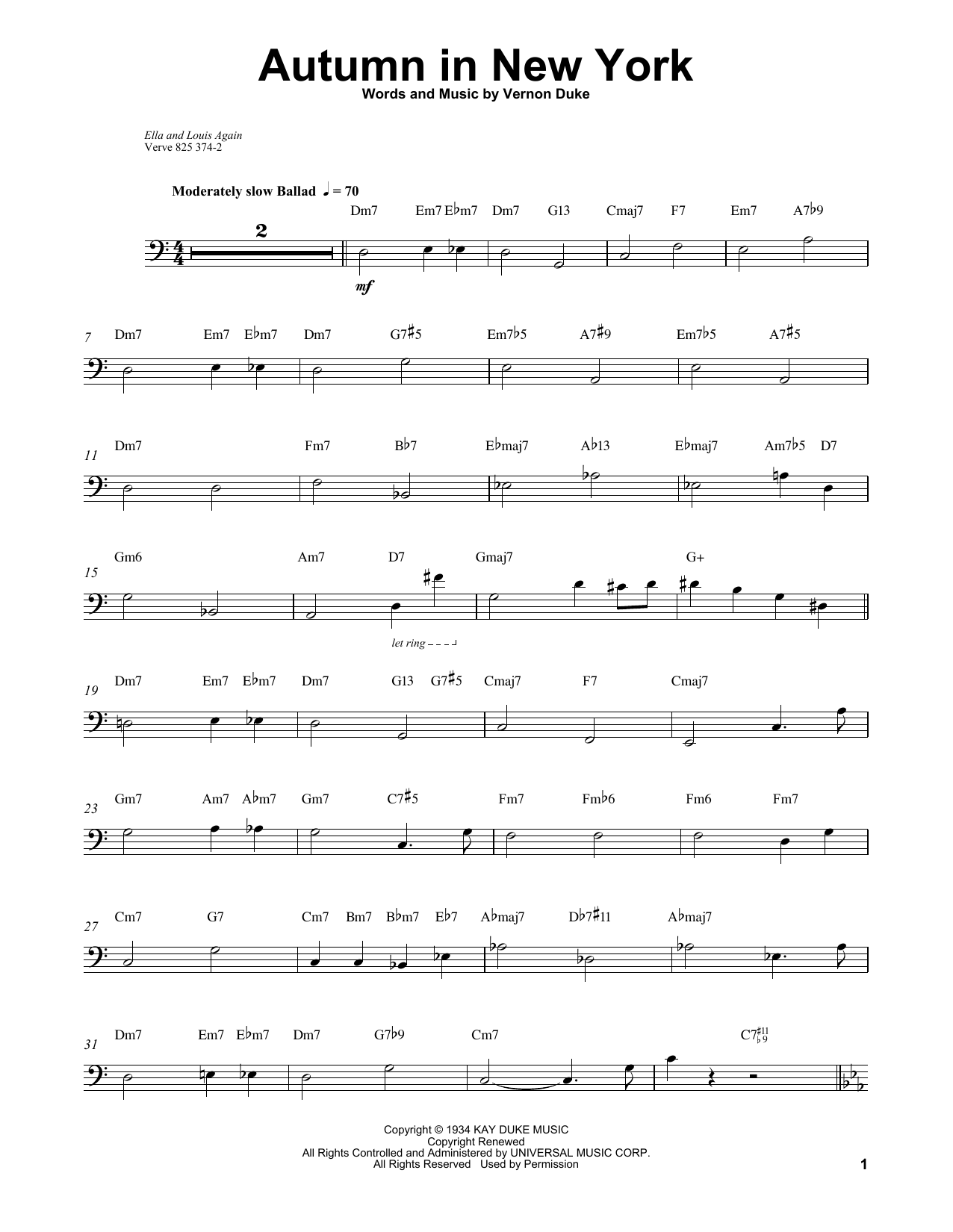 Download Ray Brown Autumn In New York Sheet Music and learn how to play Bass Transcription PDF digital score in minutes