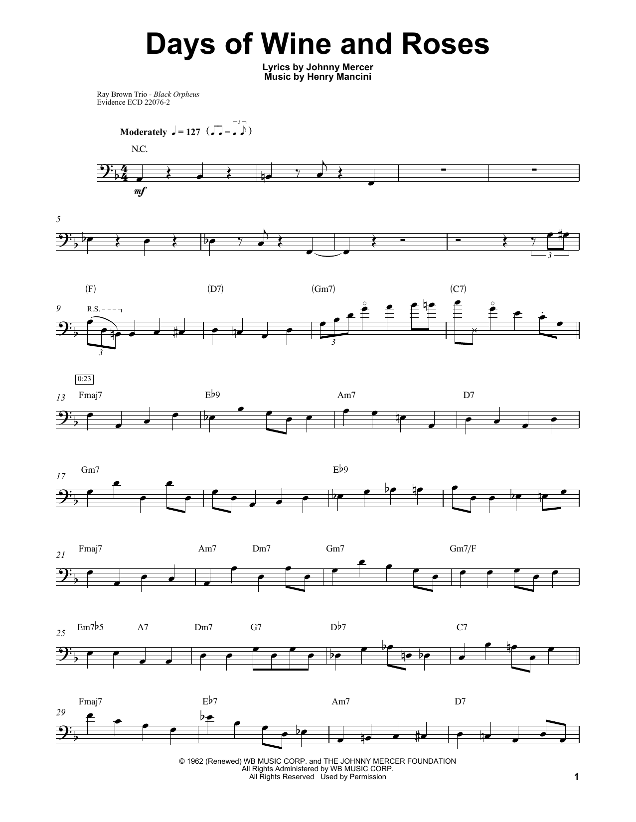 Download Ray Brown Days Of Wine And Roses Sheet Music and learn how to play Bass Transcription PDF digital score in minutes