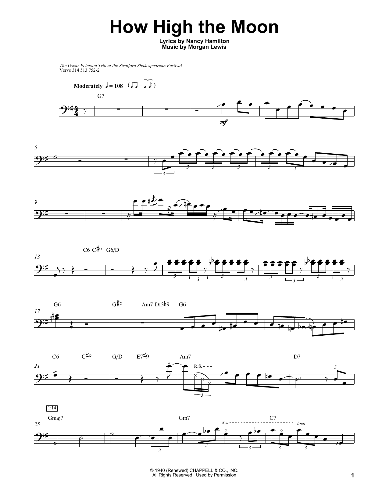 Download Ray Brown How High The Moon Sheet Music and learn how to play Bass Transcription PDF digital score in minutes