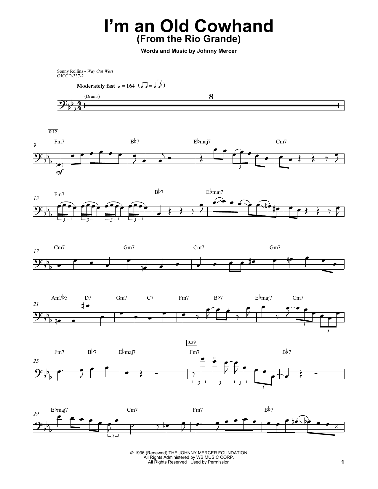 Download Ray Brown I'm An Old Cowhand (From The Rio Grande) Sheet Music and learn how to play Bass Transcription PDF digital score in minutes