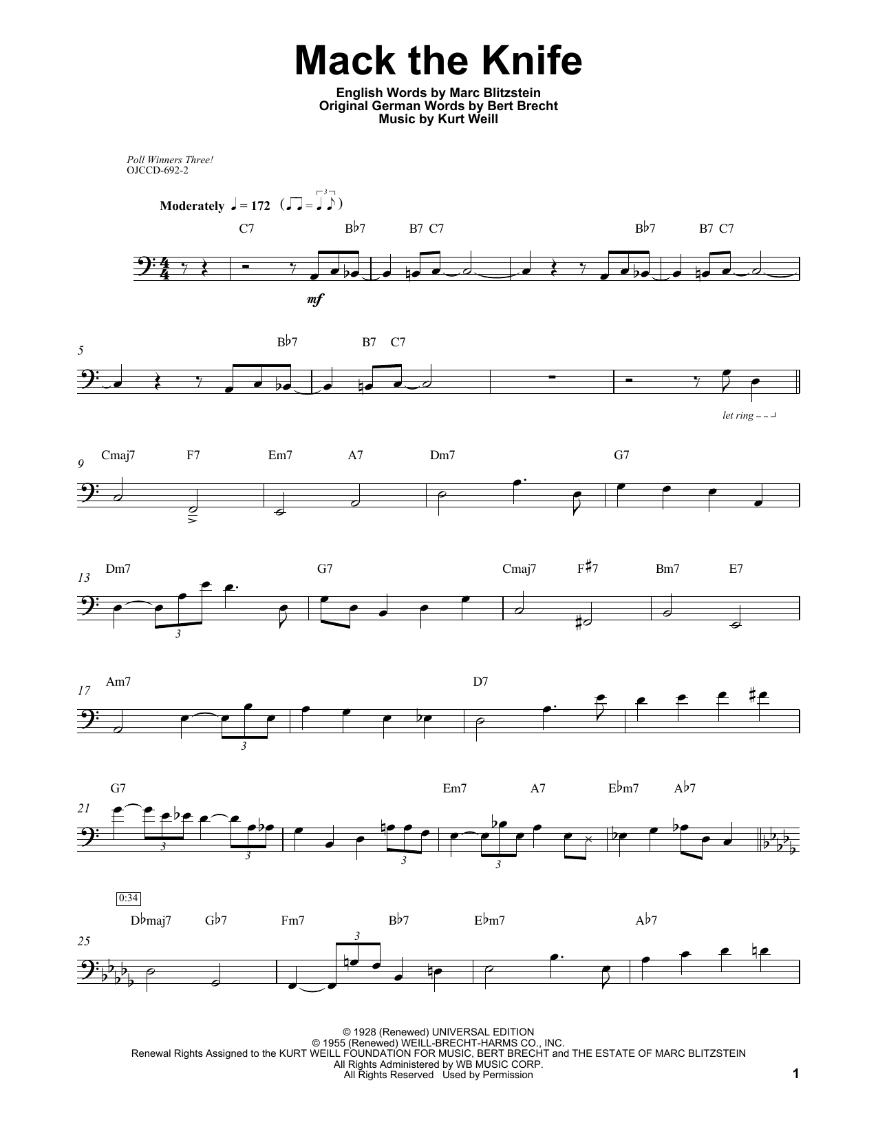 Download Ray Brown Mack The Knife Sheet Music and learn how to play Bass Transcription PDF digital score in minutes