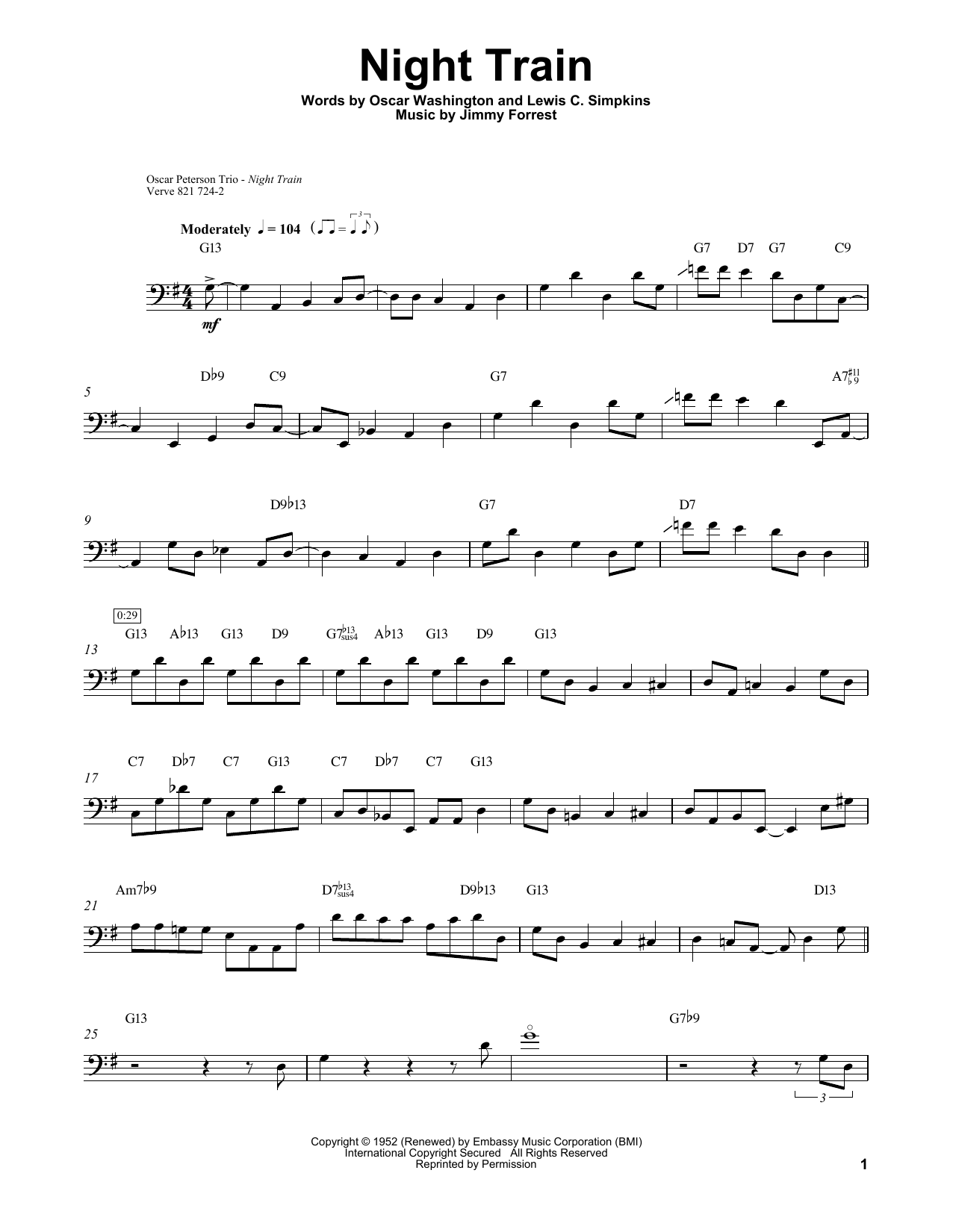 Download Ray Brown Night Train Sheet Music and learn how to play Bass Transcription PDF digital score in minutes
