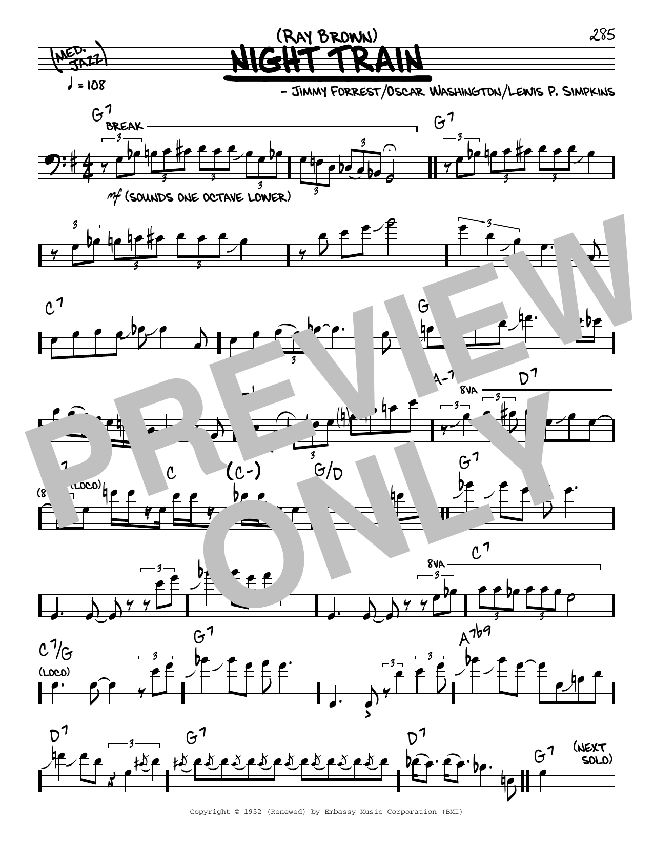 Download Ray Brown Night Train (solo only) Sheet Music and learn how to play Real Book – Melody & Chords PDF digital score in minutes