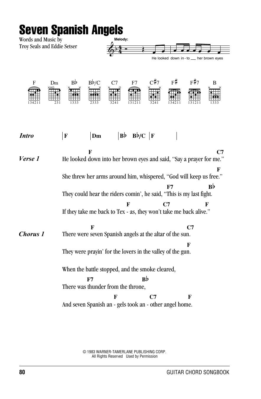 Download Willie Nelson Seven Spanish Angels Sheet Music and learn how to play Lyrics & Chords PDF digital score in minutes