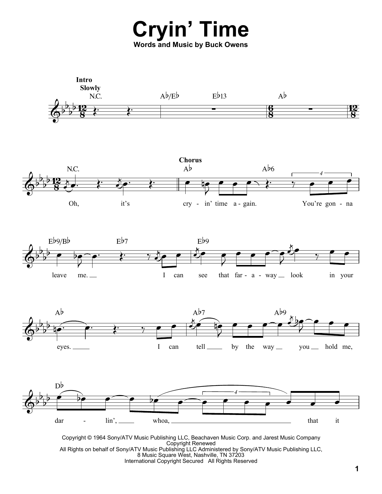 Download Ray Charles Cryin' Time Sheet Music and learn how to play Voice PDF digital score in minutes