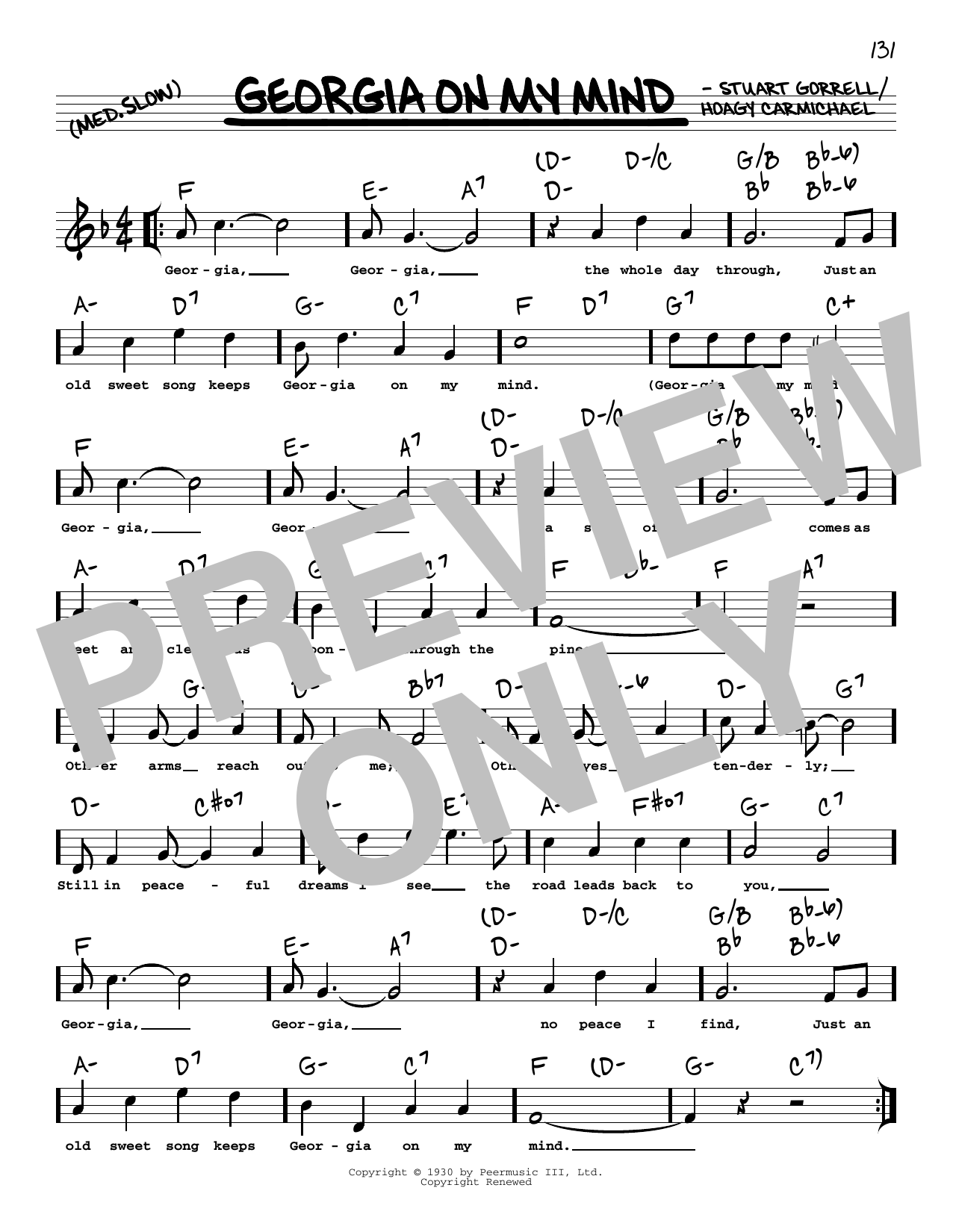 Download Ray Charles Georgia On My Mind (arr. Robert Rawlins) Sheet Music and learn how to play Real Book – Melody, Lyrics & Chords PDF digital score in minutes