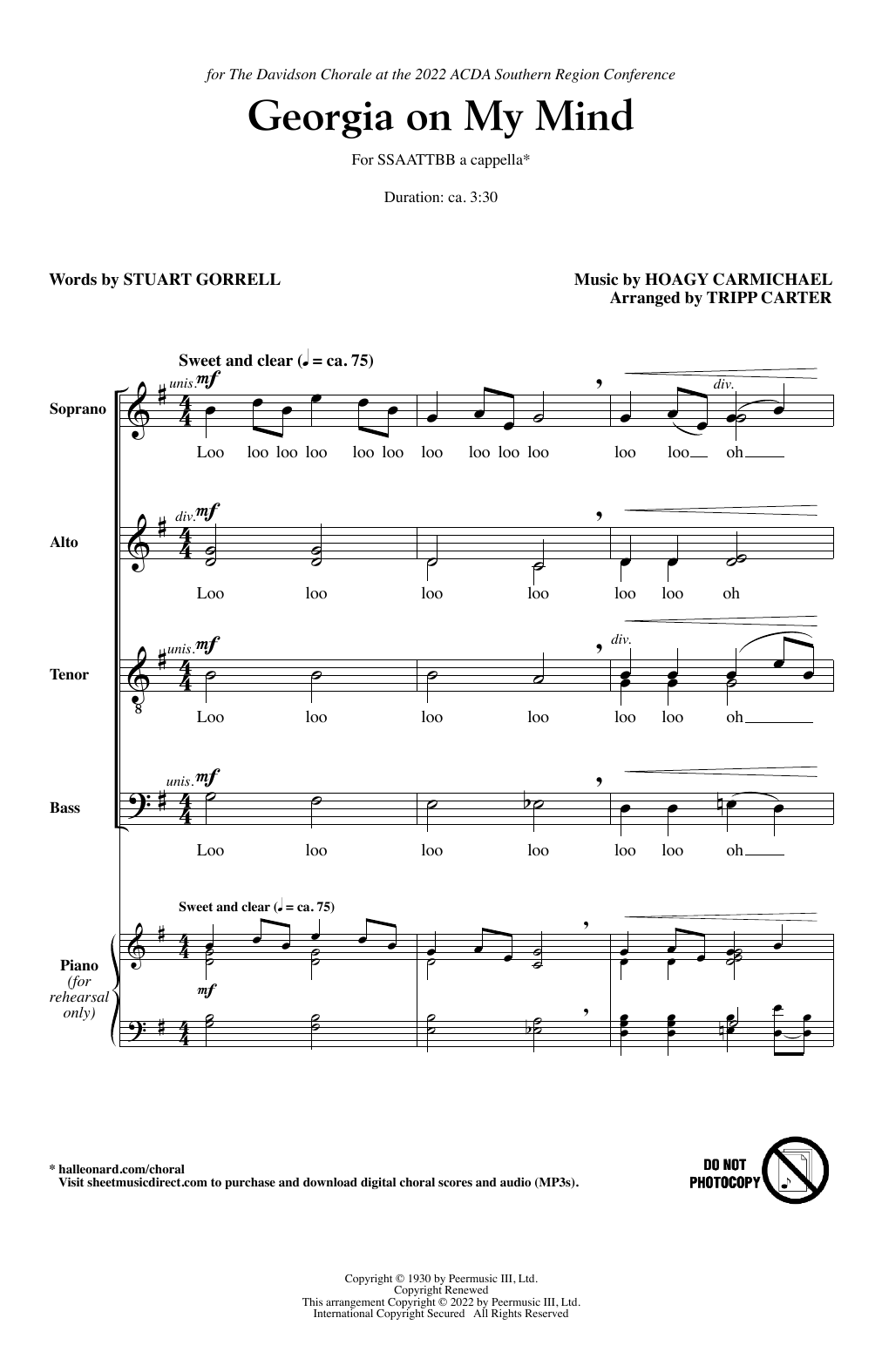 Download Ray Charles Georgia On My Mind (arr. Tripp Carter) Sheet Music and learn how to play SSAATTBB Choir PDF digital score in minutes